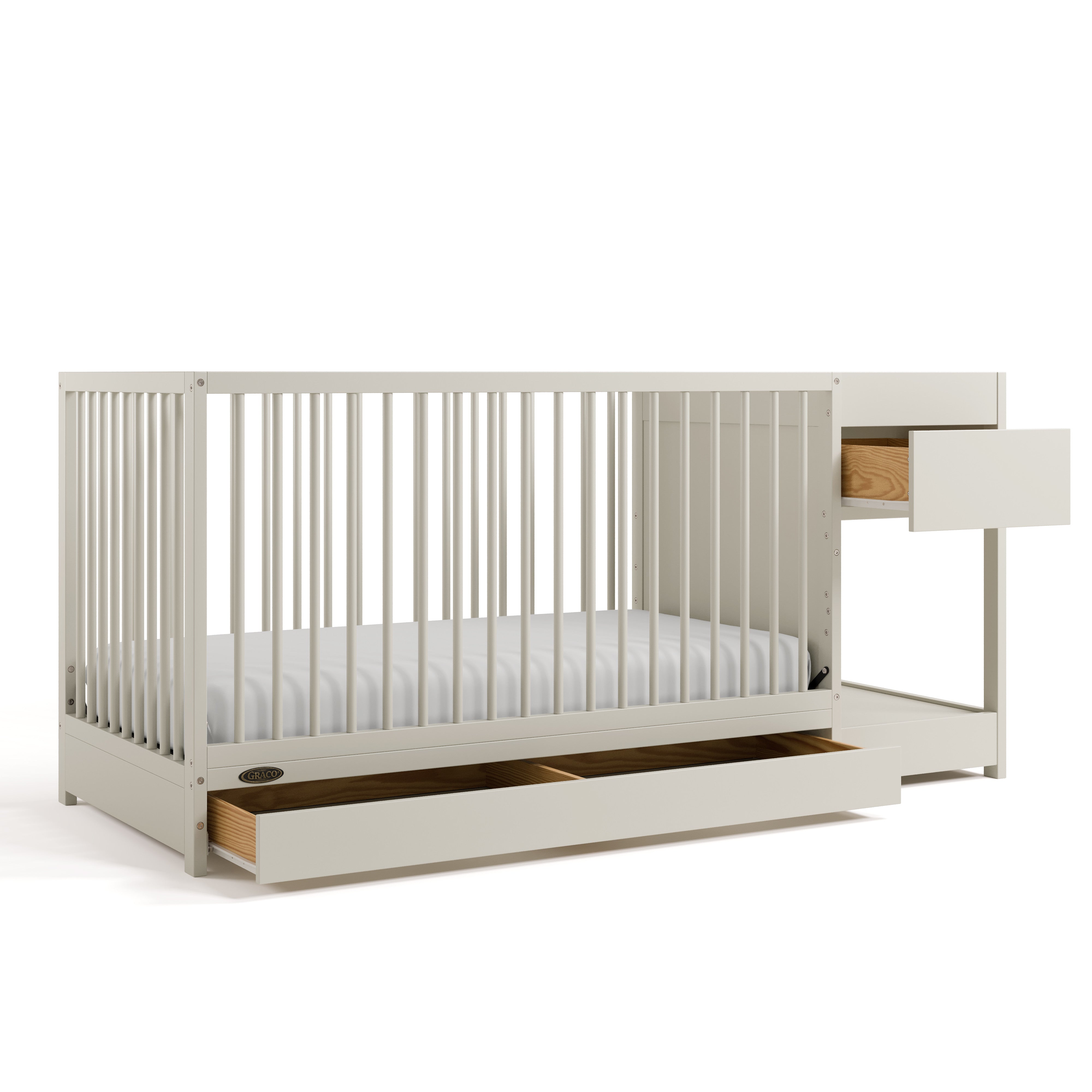 Teddi frosted oat crib and changer angle view