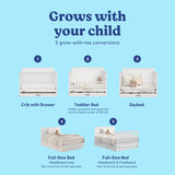 Tristan white crib with drawer shown in all 5 conversions