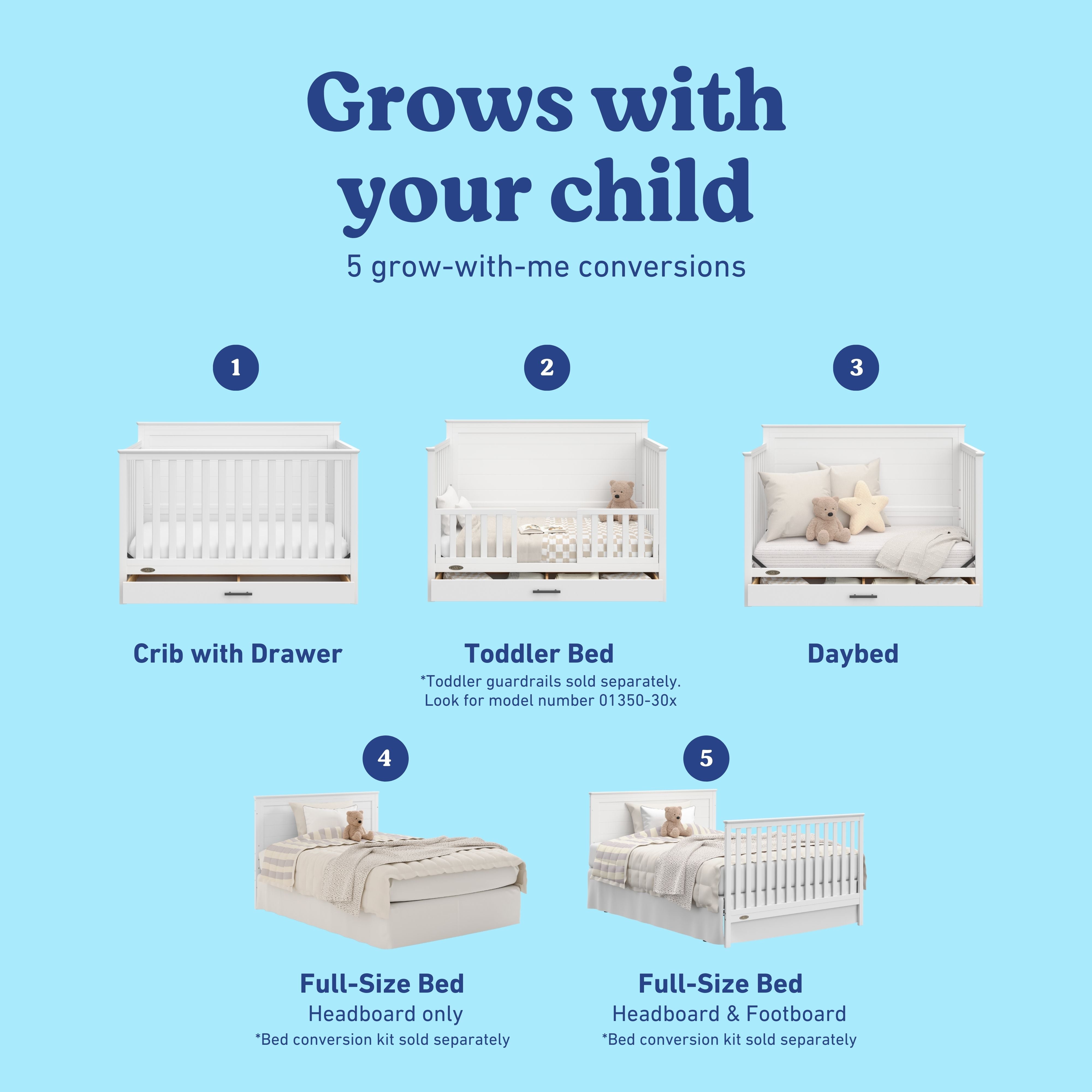 Tristan white crib with drawer shown in all 5 conversions