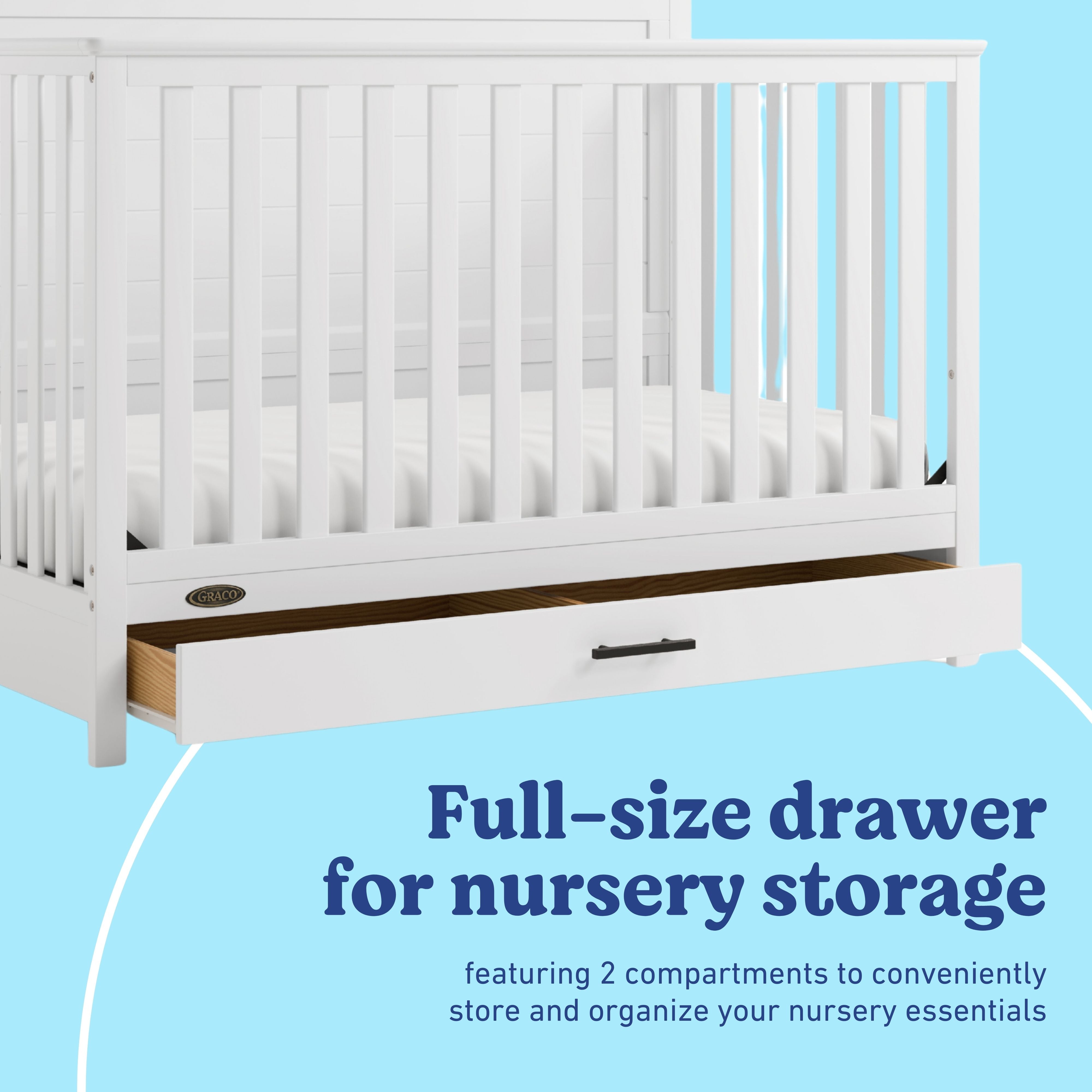 Tristan white crib with drawer storage callout