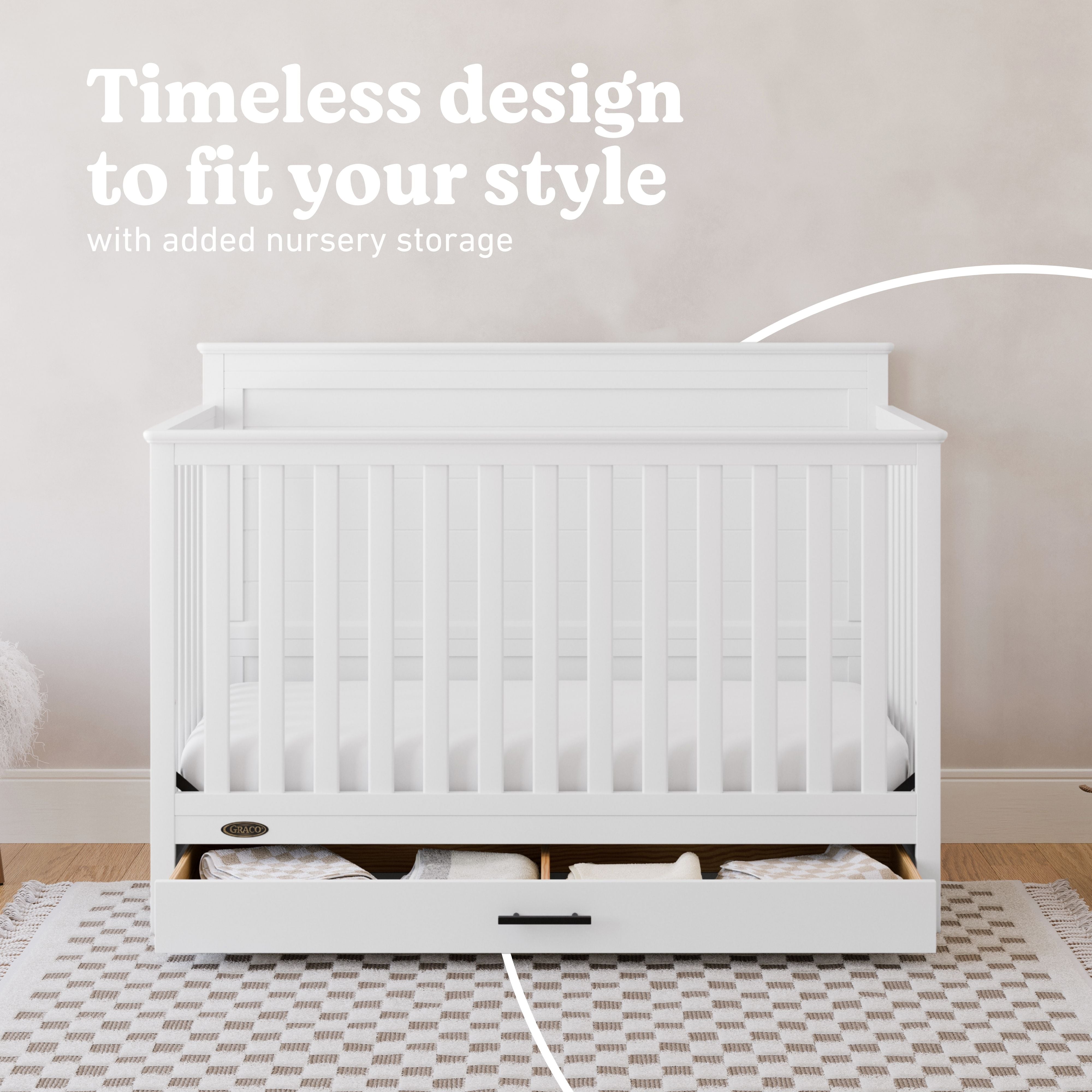 Tristan white crib with drawer style callout