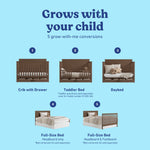 Tristan hazelnut crib with drawer shown in all 5 conversions