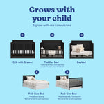 Tristan black crib with drawer shown in all 5 conversions