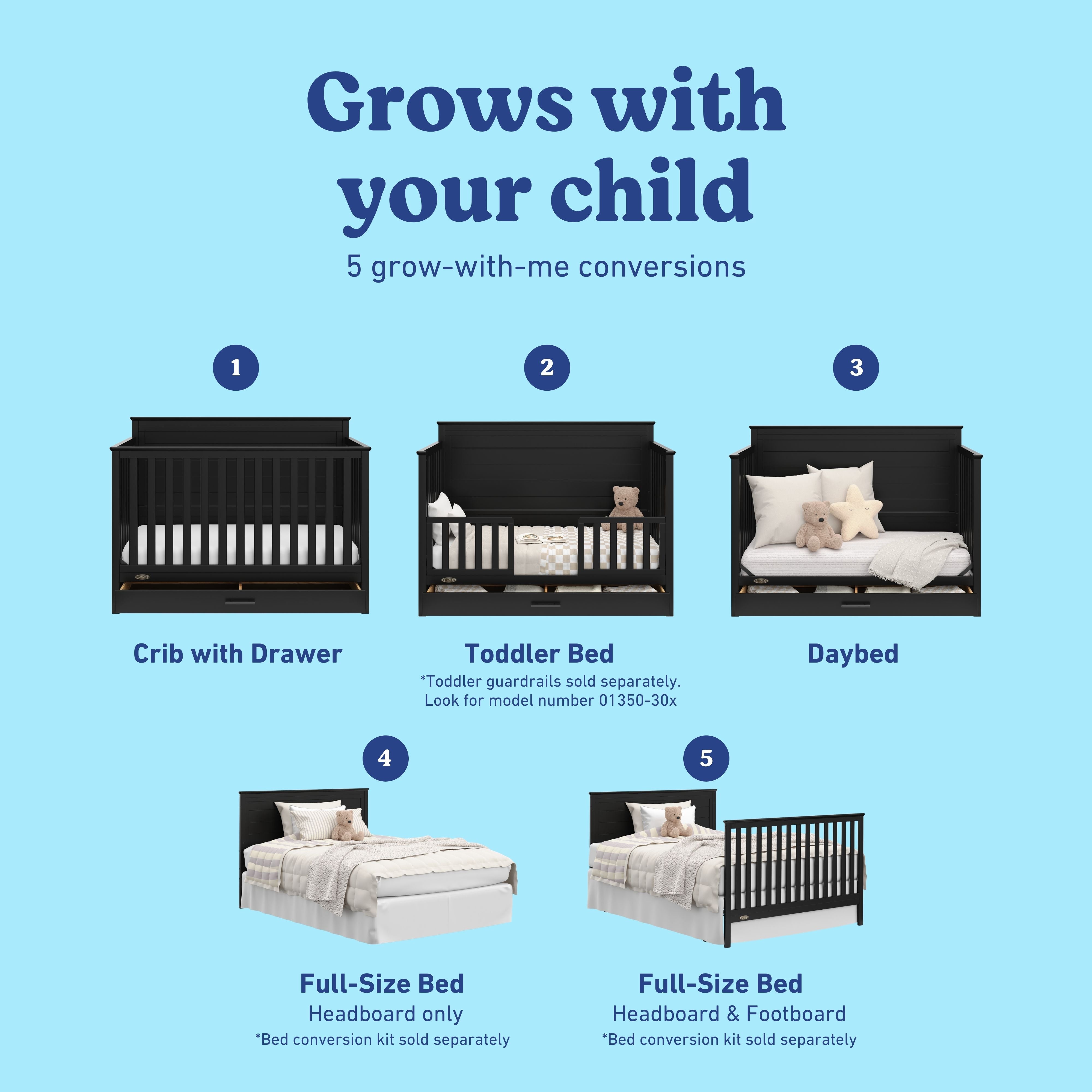 Tristan black crib with drawer shown in all 5 conversions