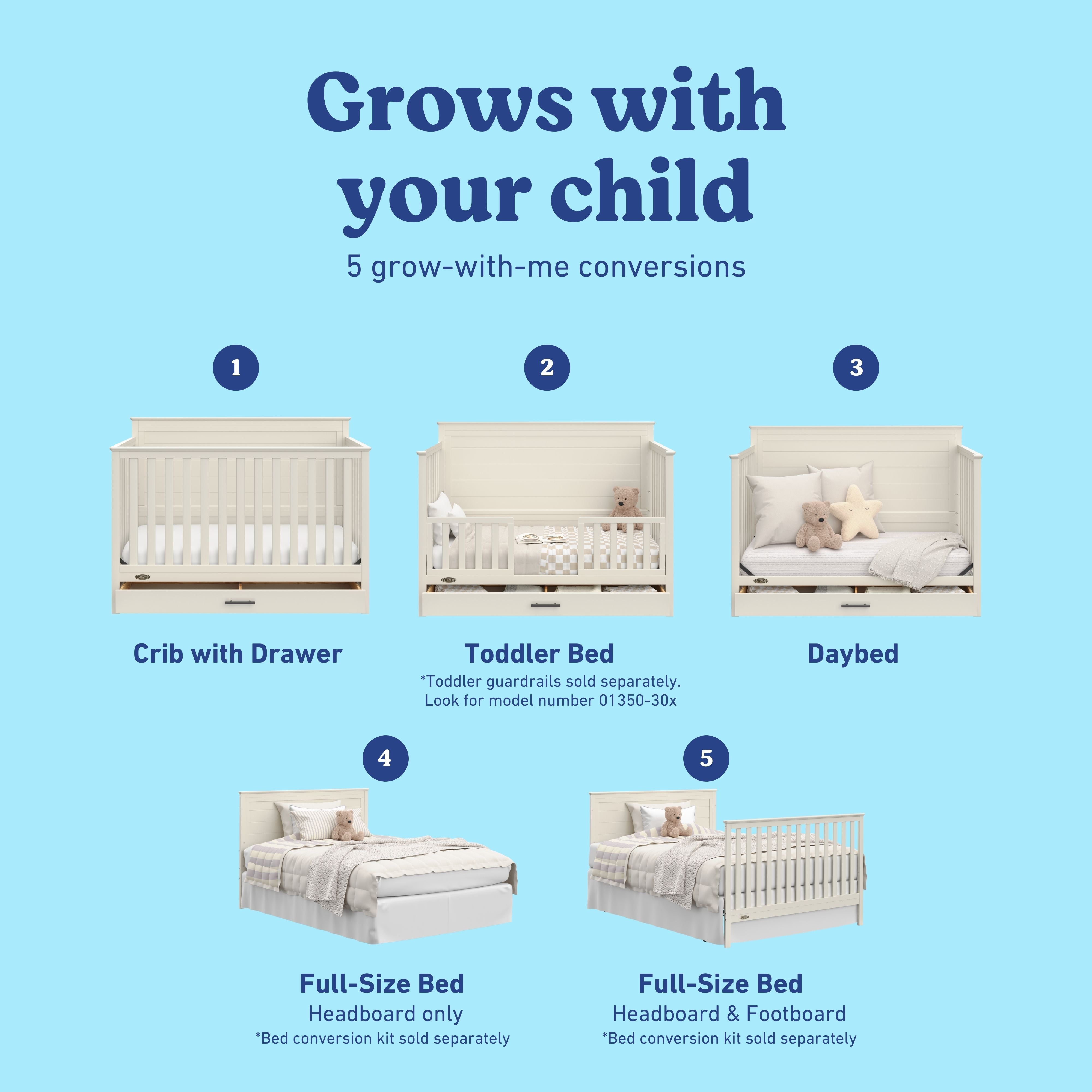 Tristan frosted oat crib with drawer shown in all 5 conversions