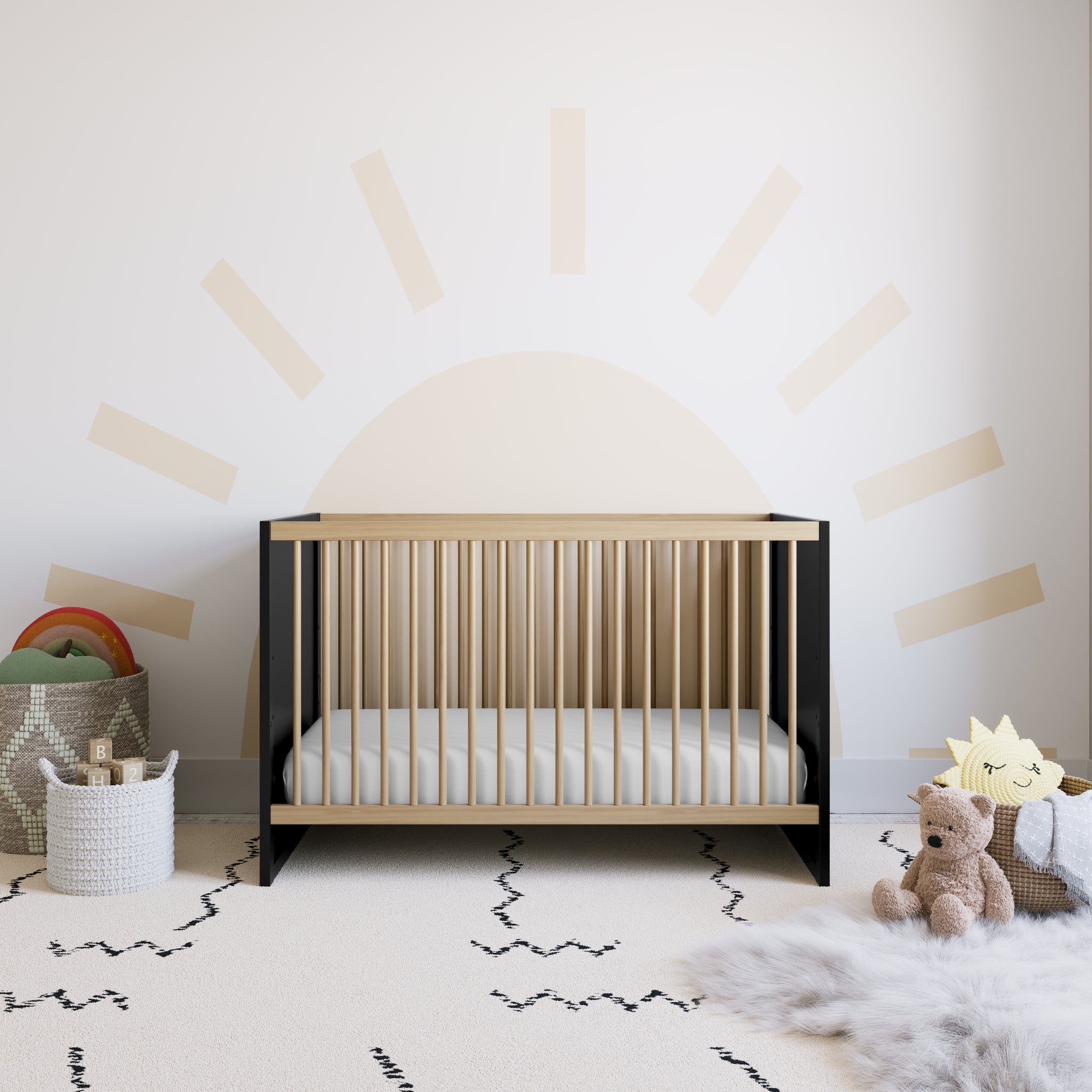 black with vintage driftwood crib in nursery