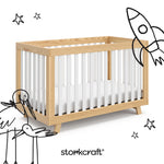 Beckett crib natural with white with black doodles overlaid on image