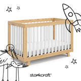 Beckett crib natural with white with black doodles overlaid on image