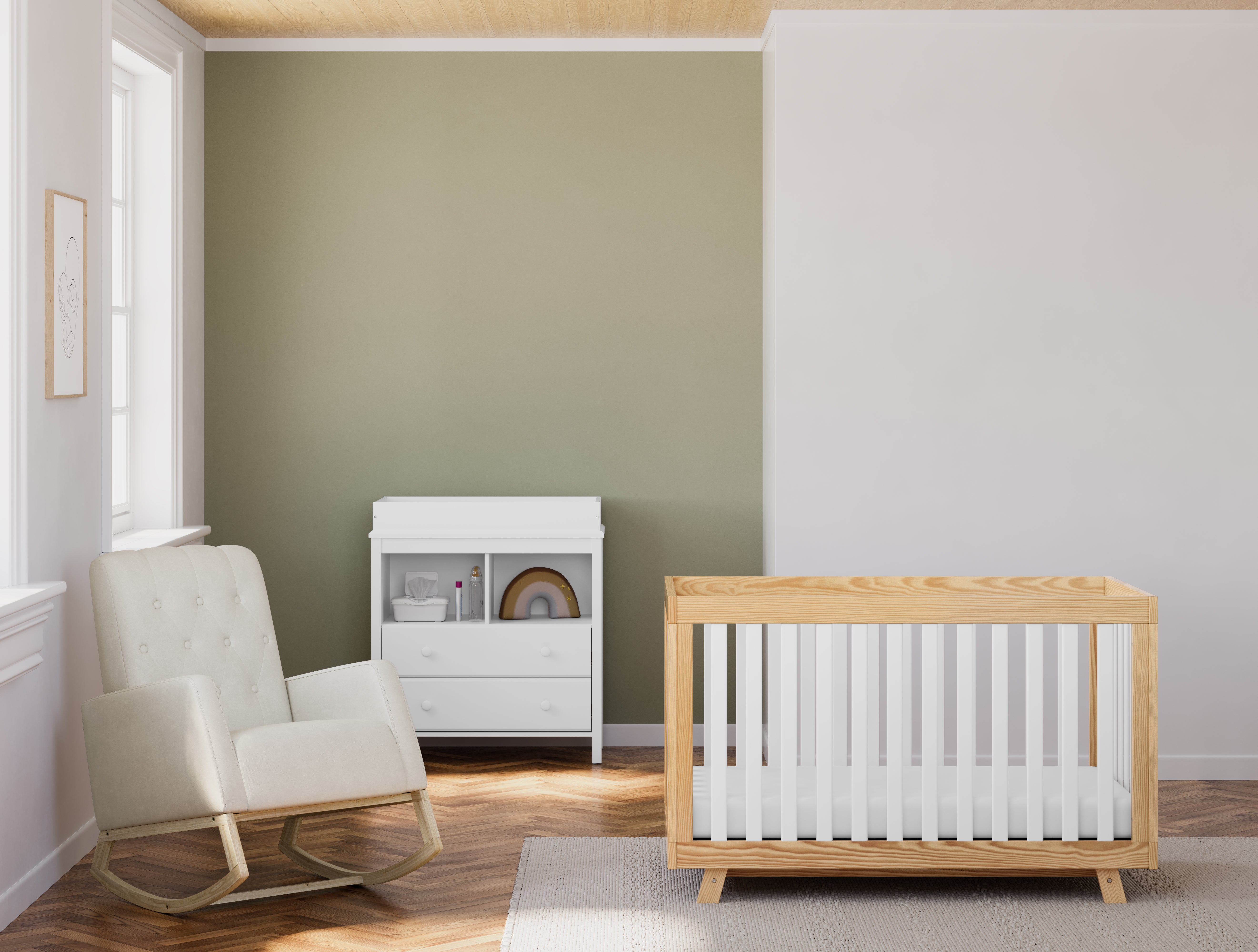 Beckett natural with white crib in nursery next to rocker and changing dresser