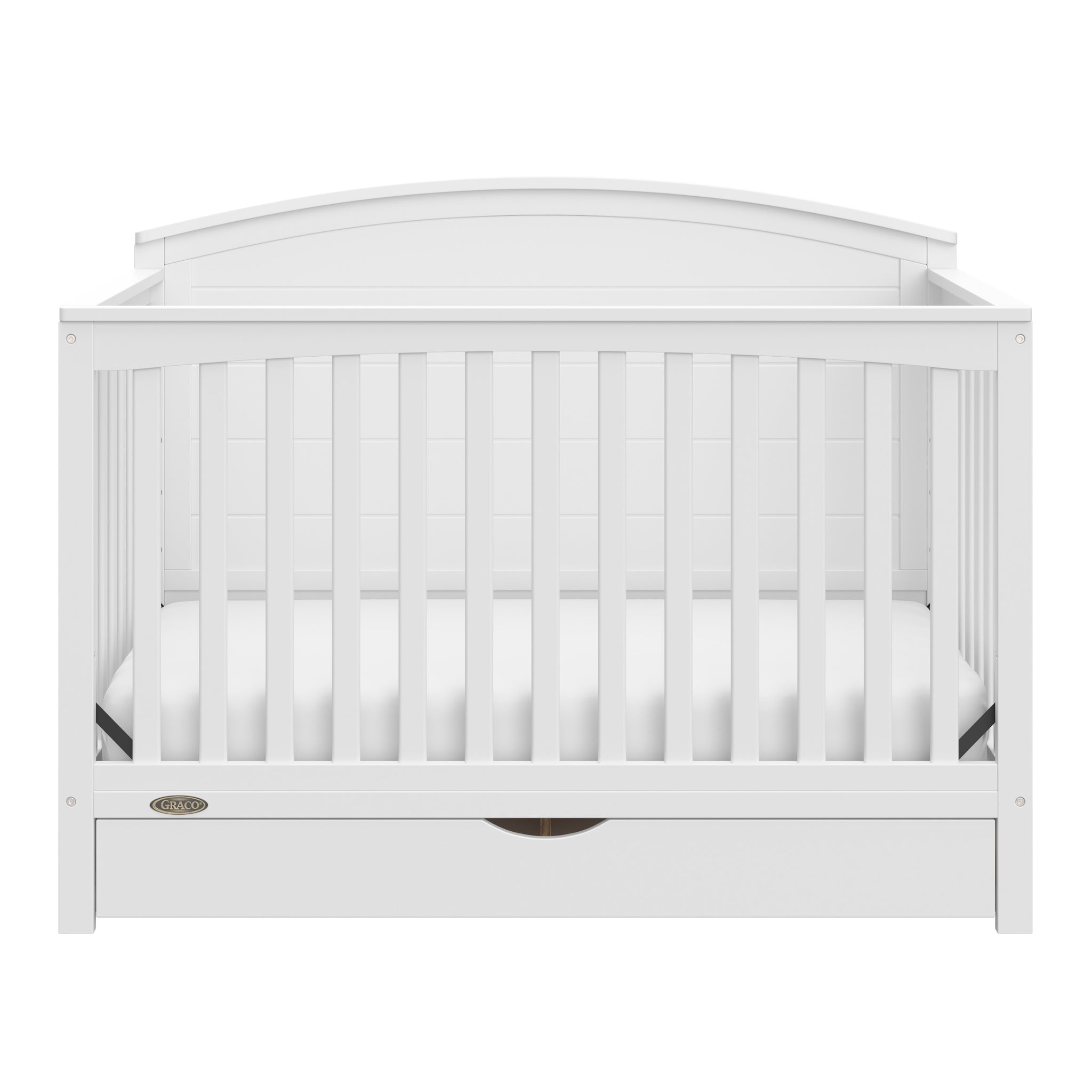 Convertible white crib front view