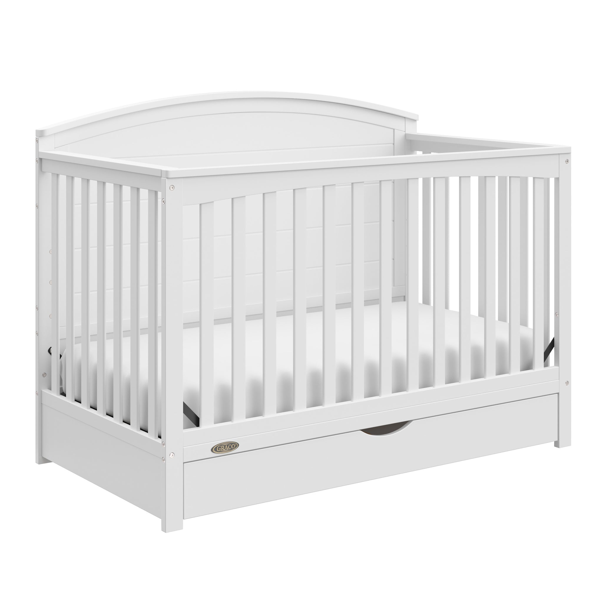 white crib angled view