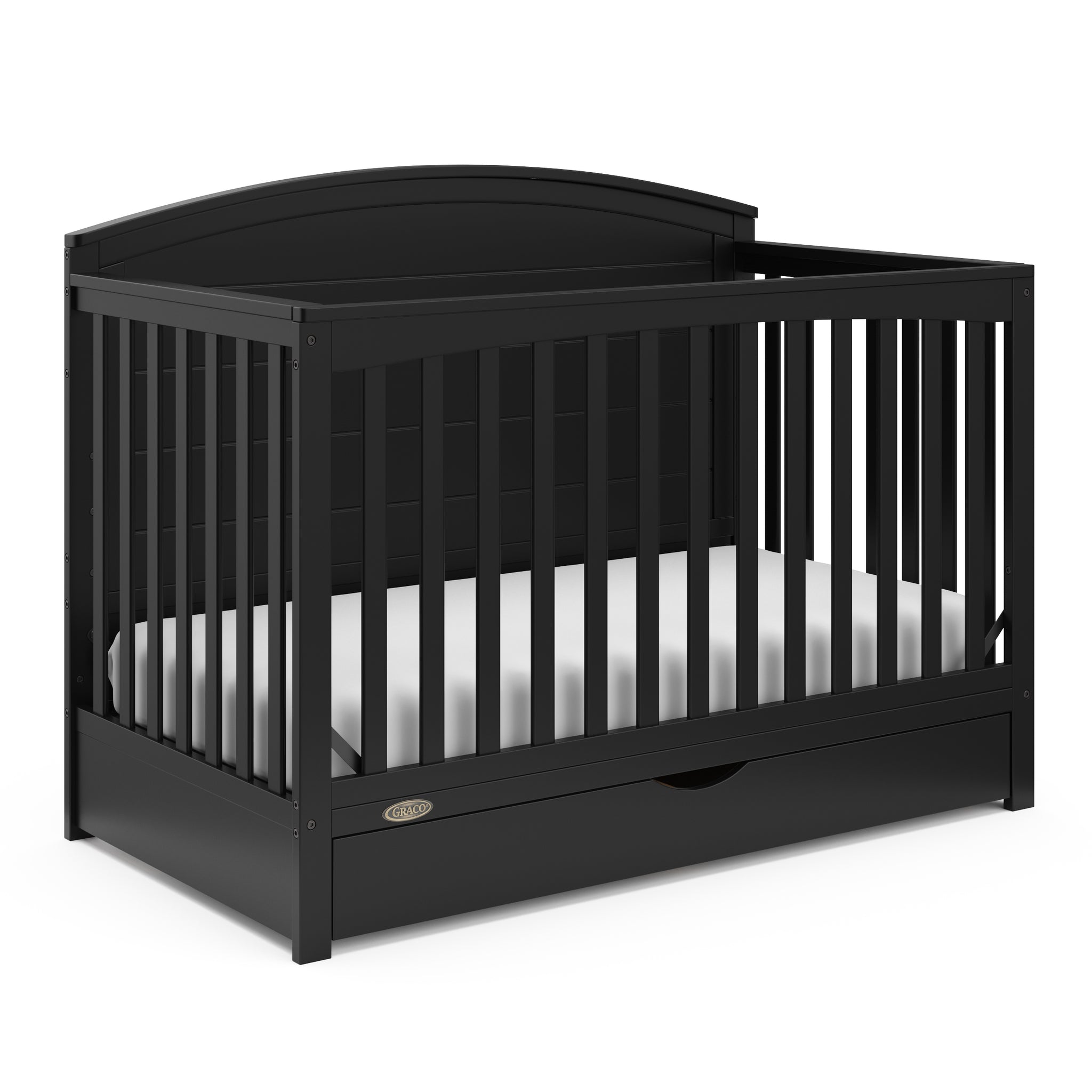 Convertible black crib viewed from an angle