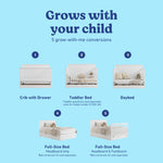 Sasha white crib with drawer shown in all 5 conversions