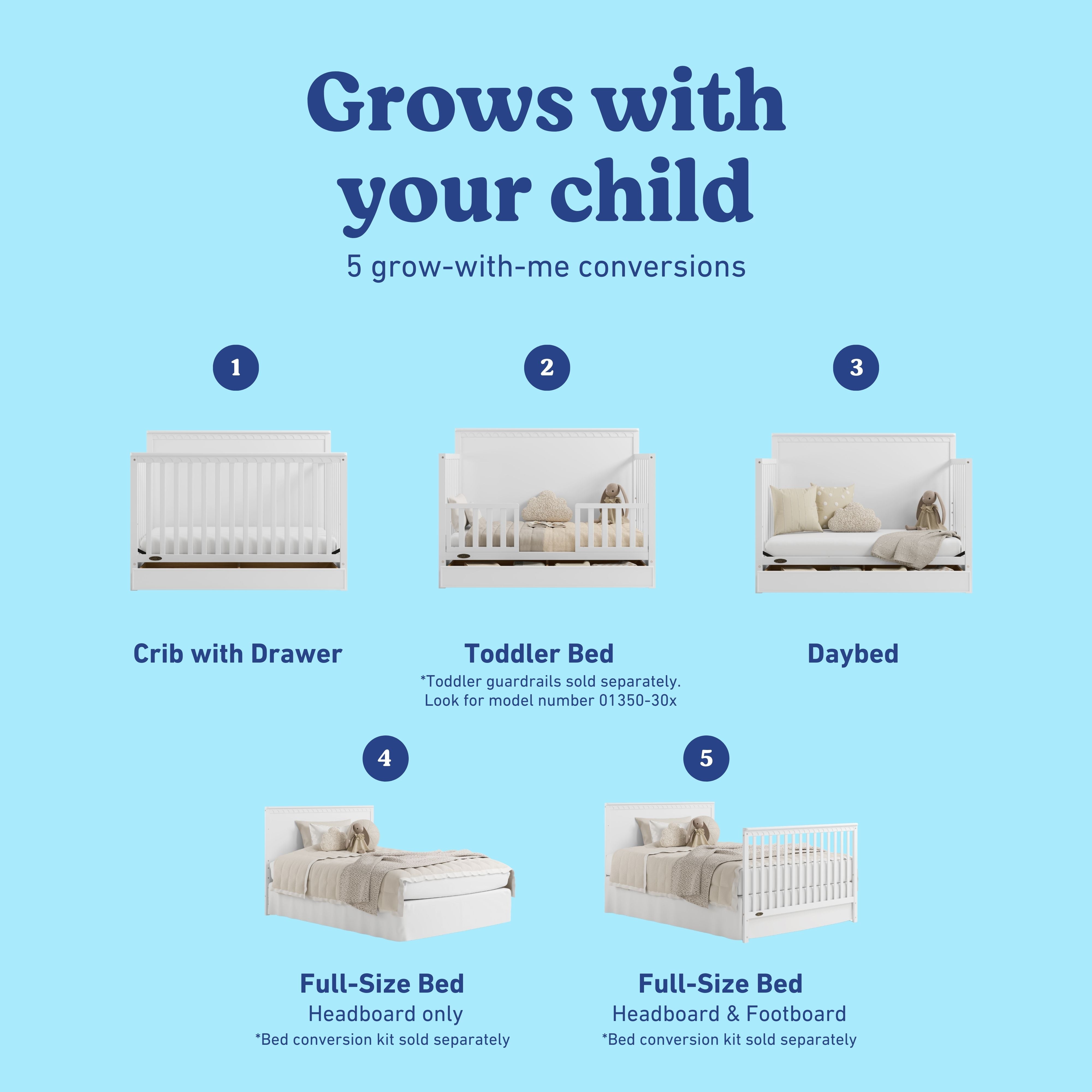 Sasha white crib with drawer shown in all 5 conversions