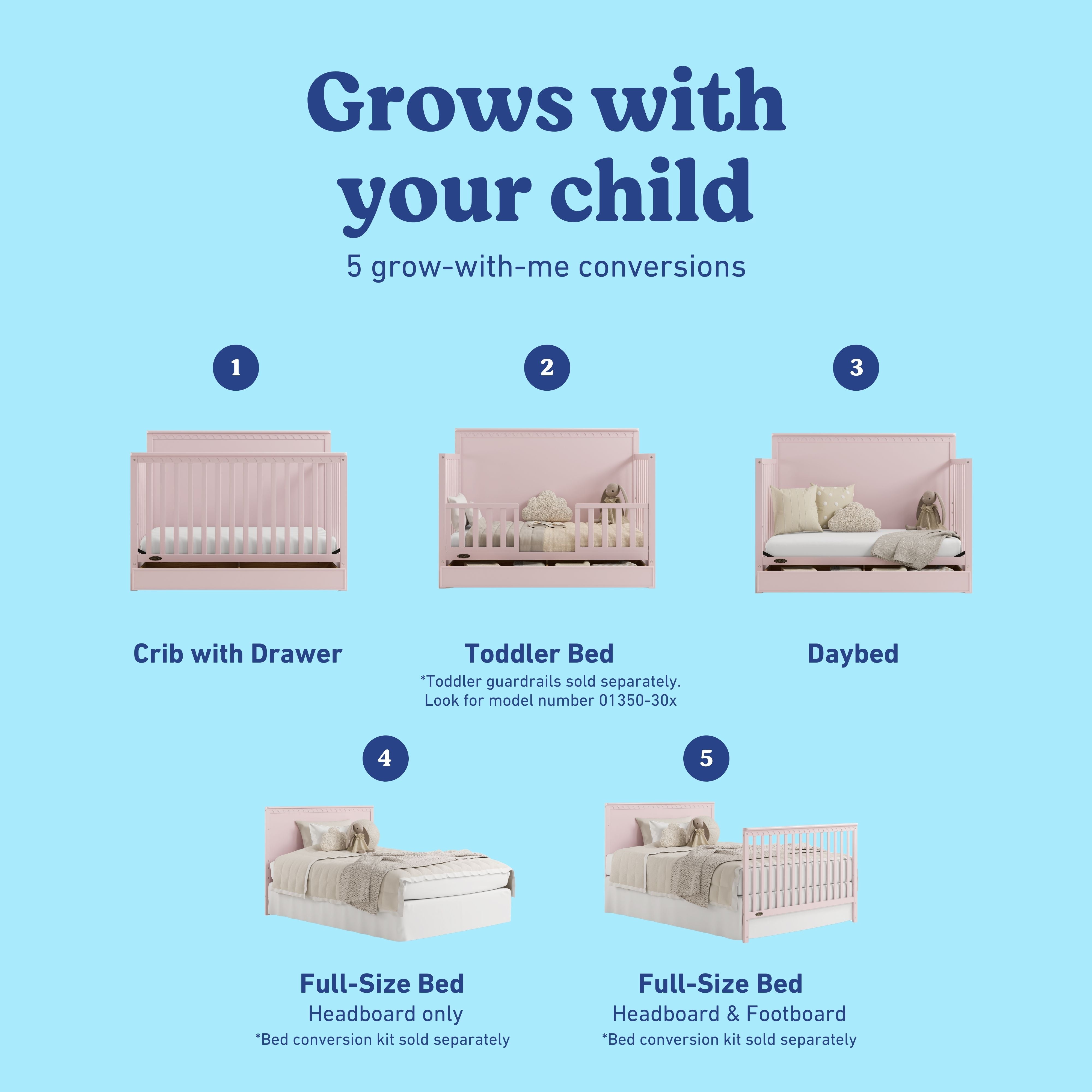 Sasha blush crib with drawer shown in all 5 conversions