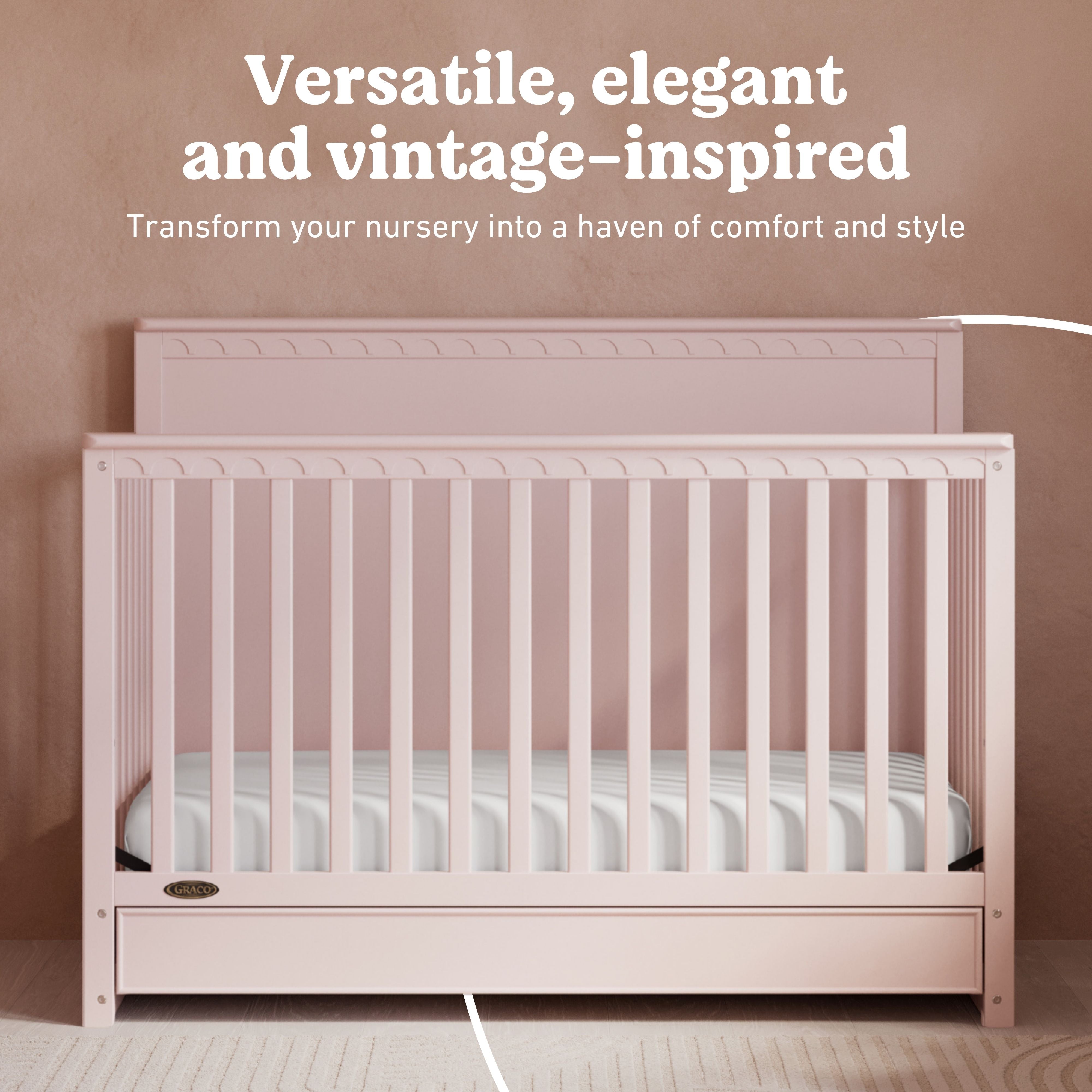 Sasha blush crib with drawer style callout