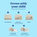 Sasha frosted oat crib with drawer shown in all 5 conversions