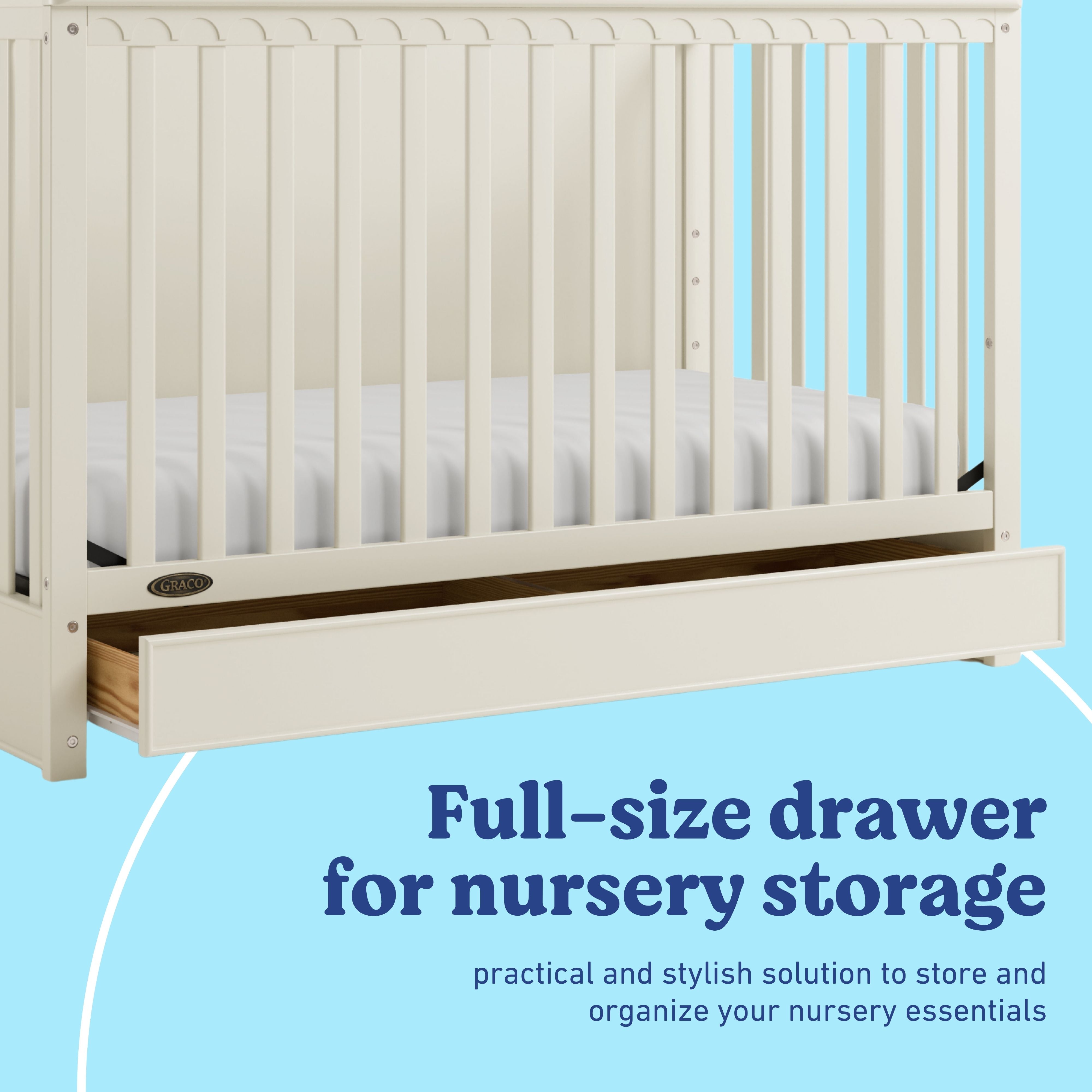 Sasha frosted oat crib with drawer storage callout