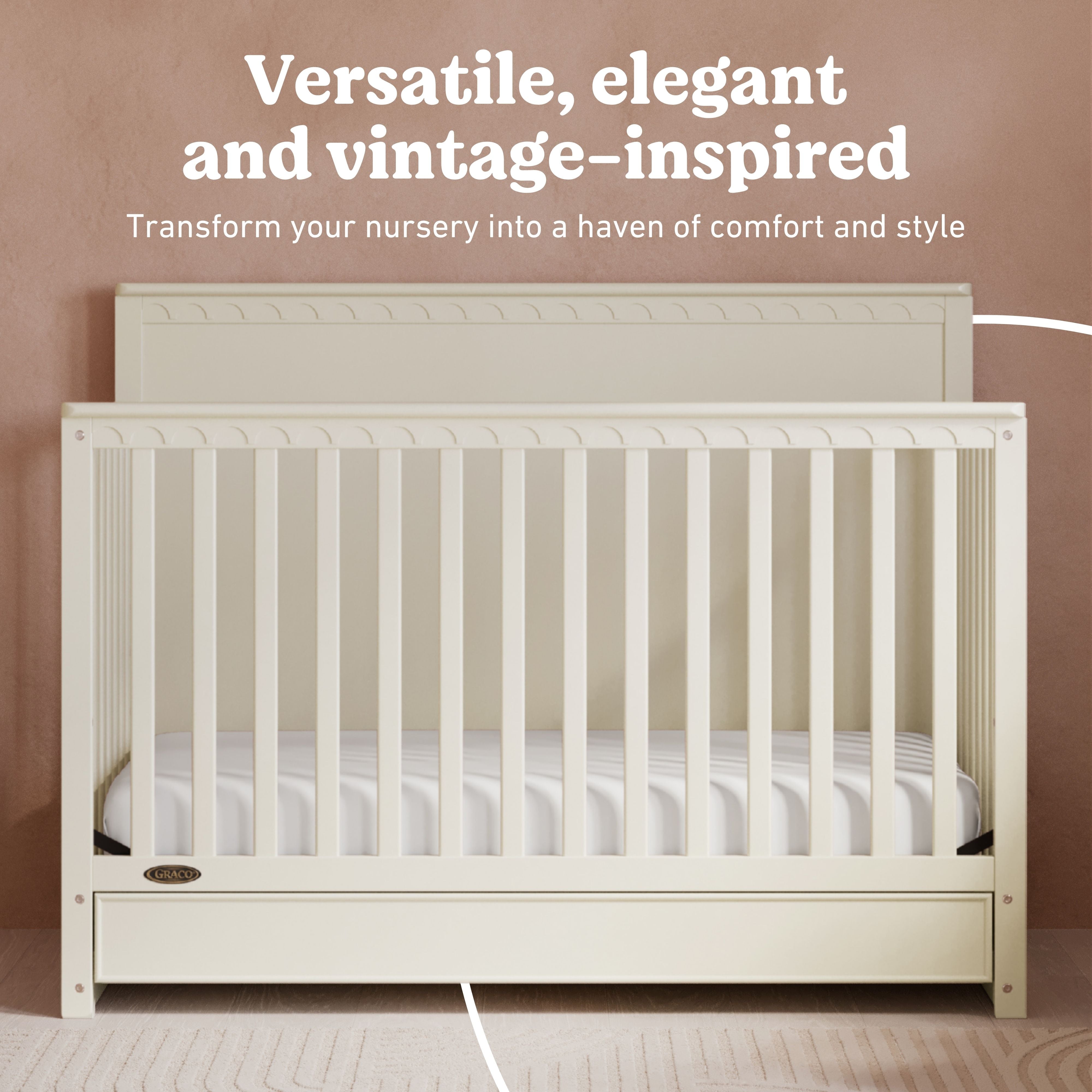Sasha frosted oat crib with drawer style callout
