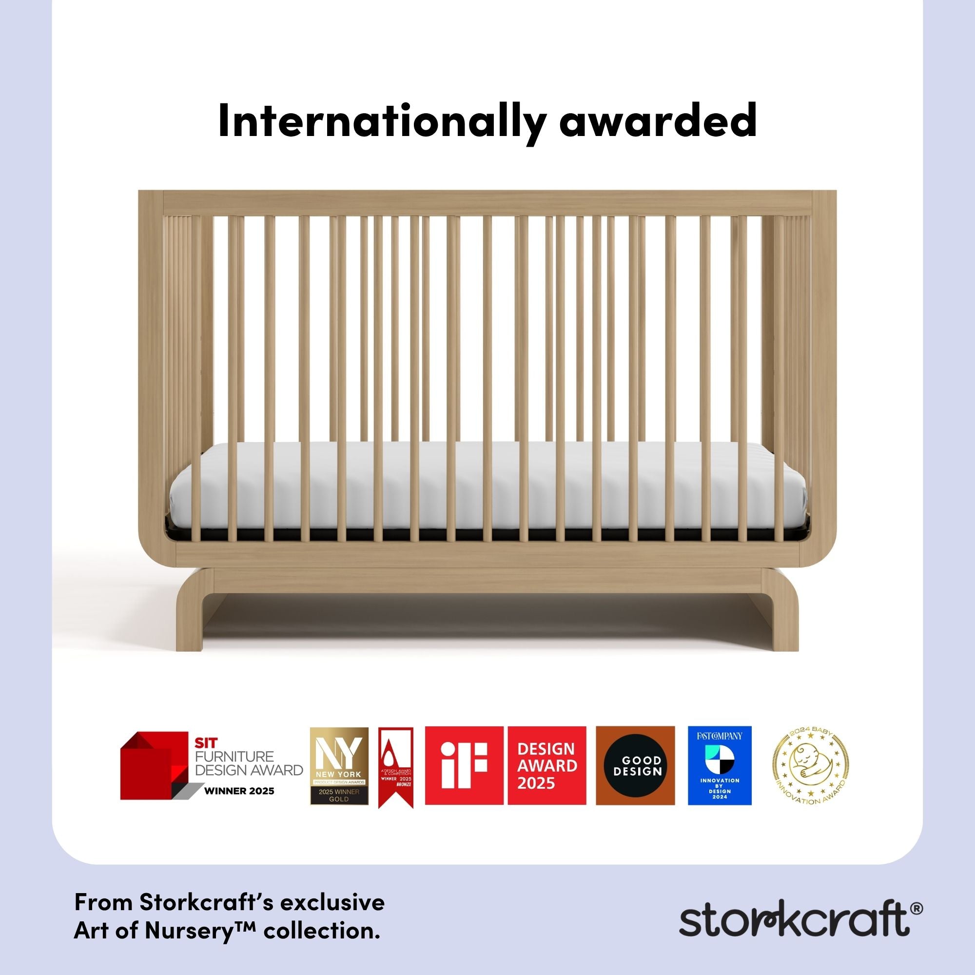 santorini driftwood crib with award logos on bottom
