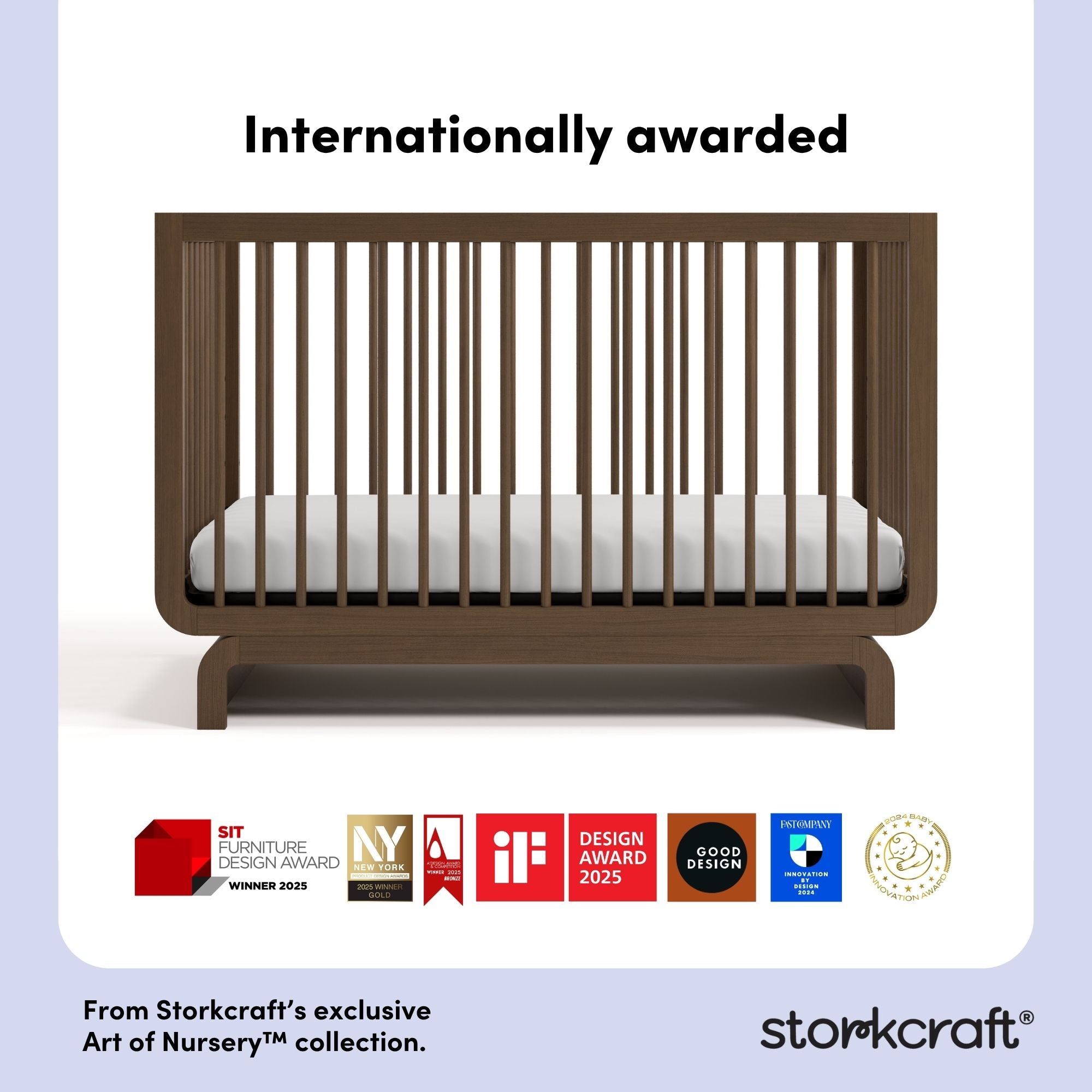 santorini hazelnut crib with award logos on bottom