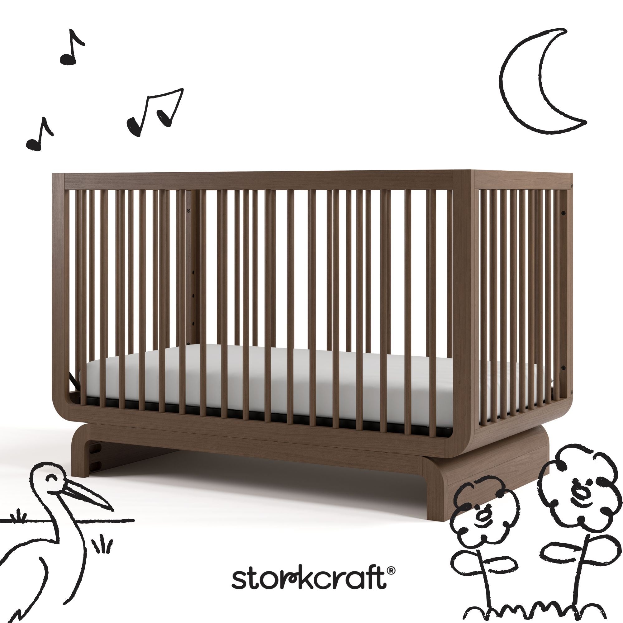 Santorini hazelnut crib with black cartoon drawings