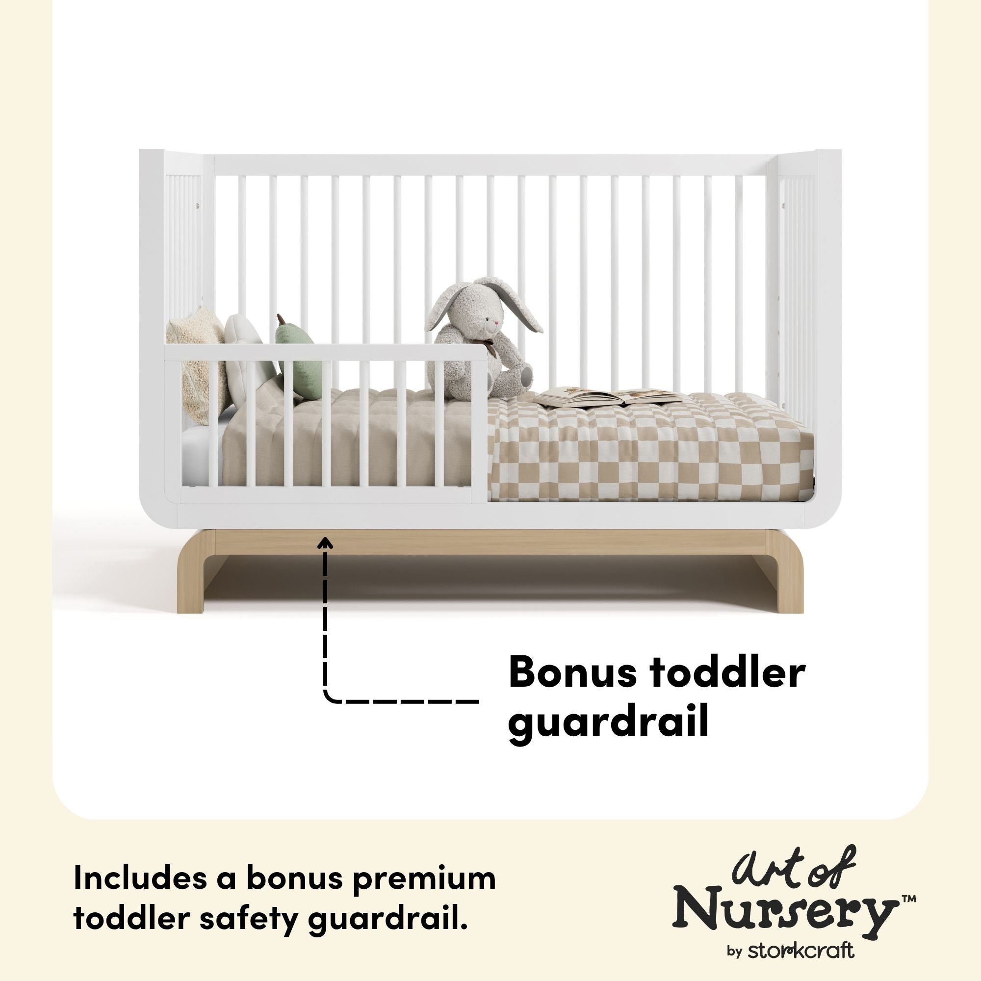 Santorini white with driftwood crib toddler guardrail callout