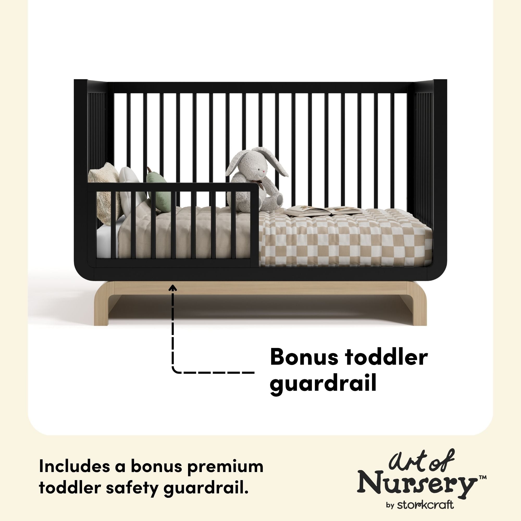 Santorini black with driftwood crib toddler guardrail callout