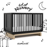 Santorini black with driftwood crib with black doodles overlaid on image