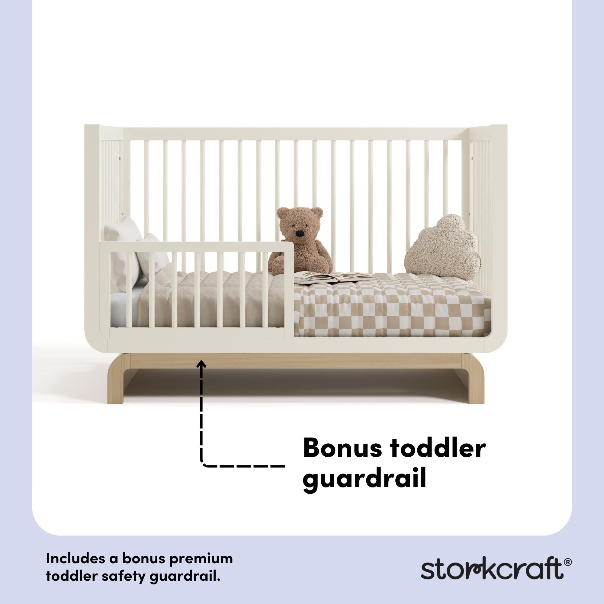 Santorini frosted oat with driftwood crib bonus toddler guardrail callout