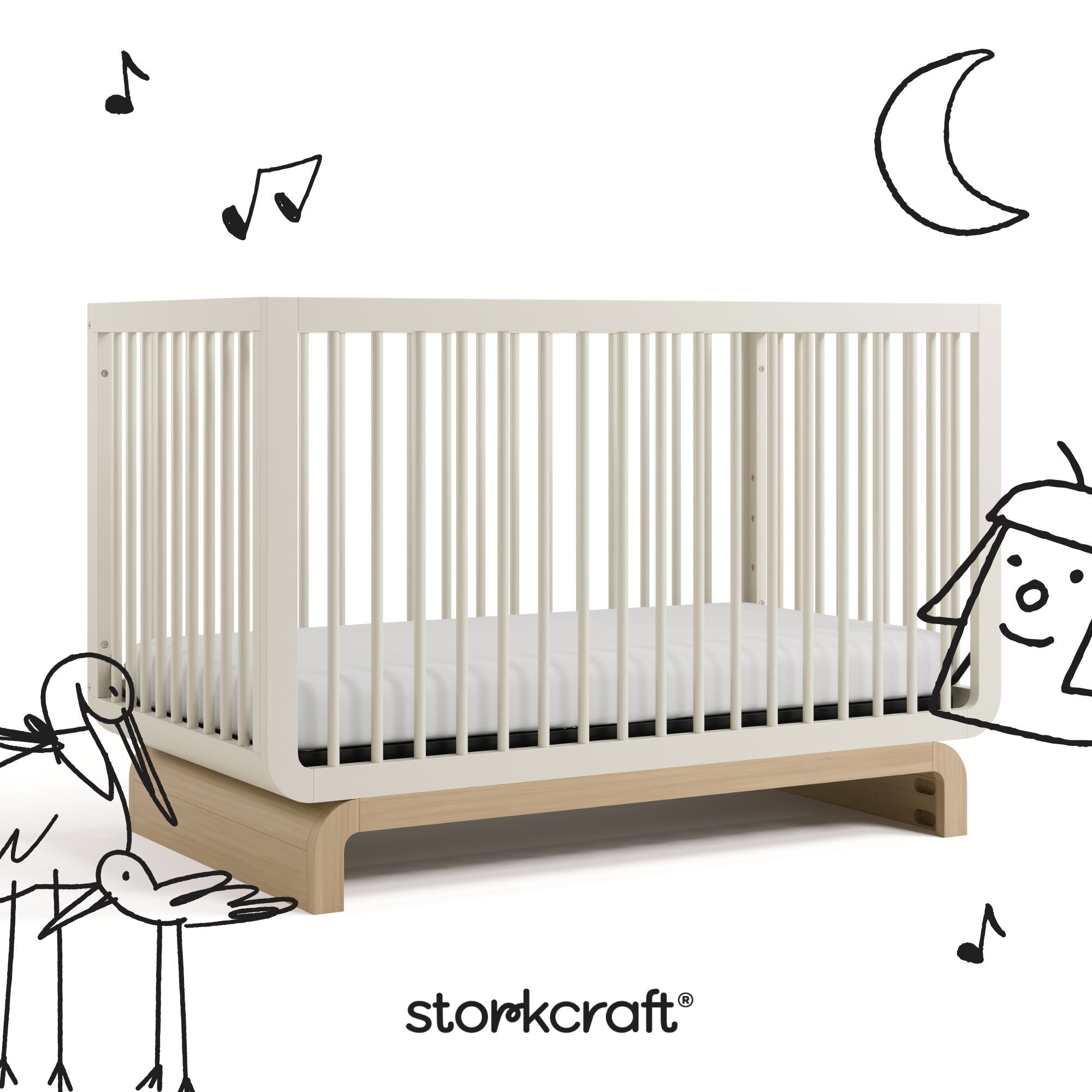 Santorini frosted oat with driftwood crib with black cartoon drawings