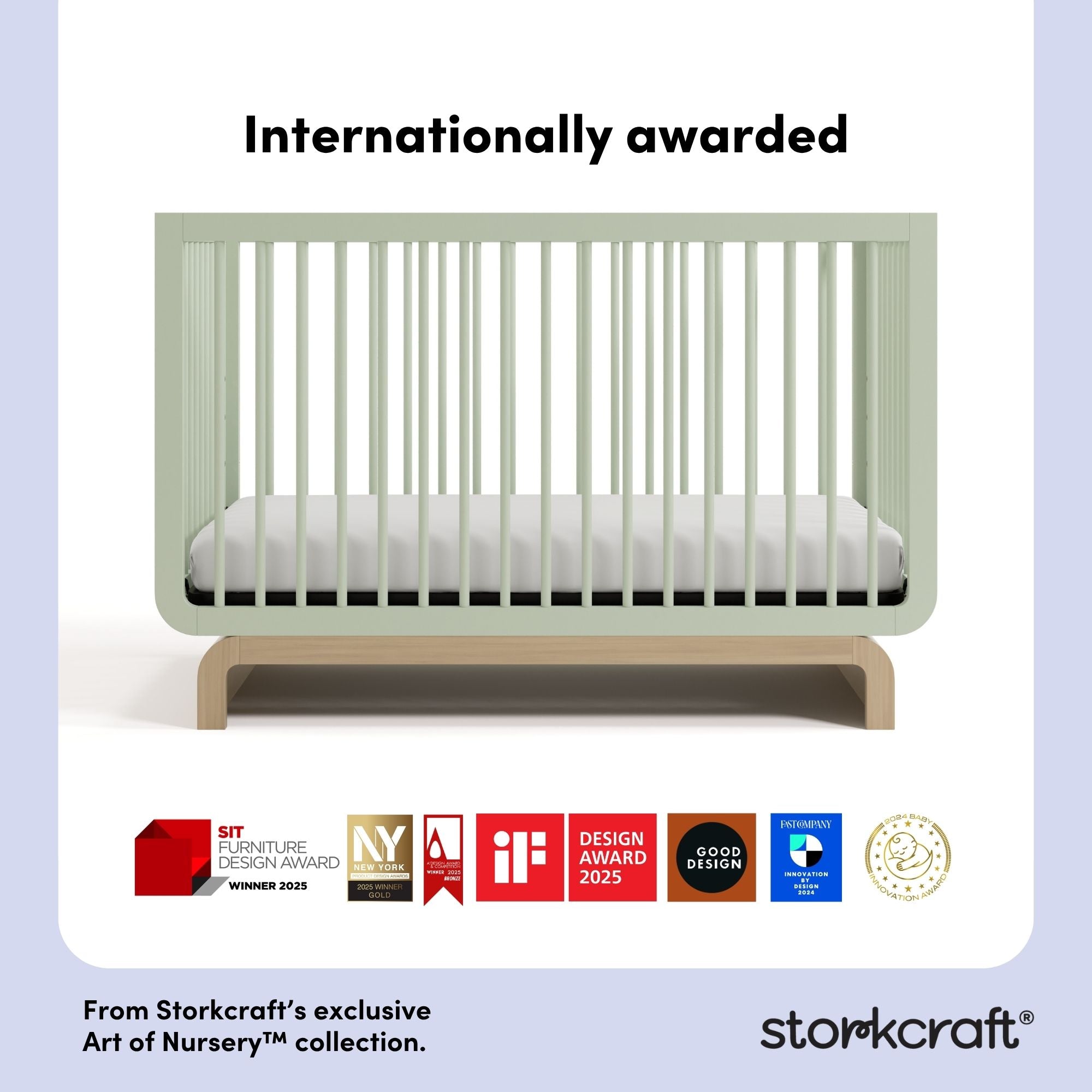 santorini sage with driftwood crib with award logos on bottom
