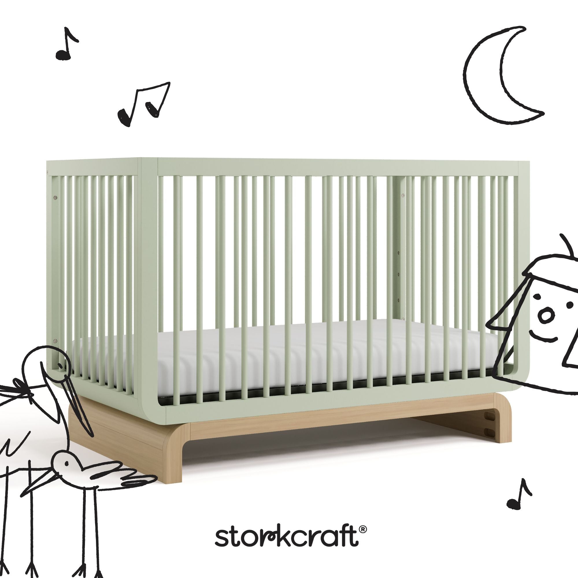 Santorini sage with driftwood crib with black cartoon drawings