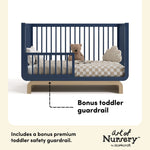 Santorini midnight blue with driftwood crib toddler guardrail callout