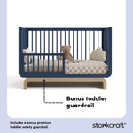 Santorini midnight blue with driftwood crib toddler guardrail callout