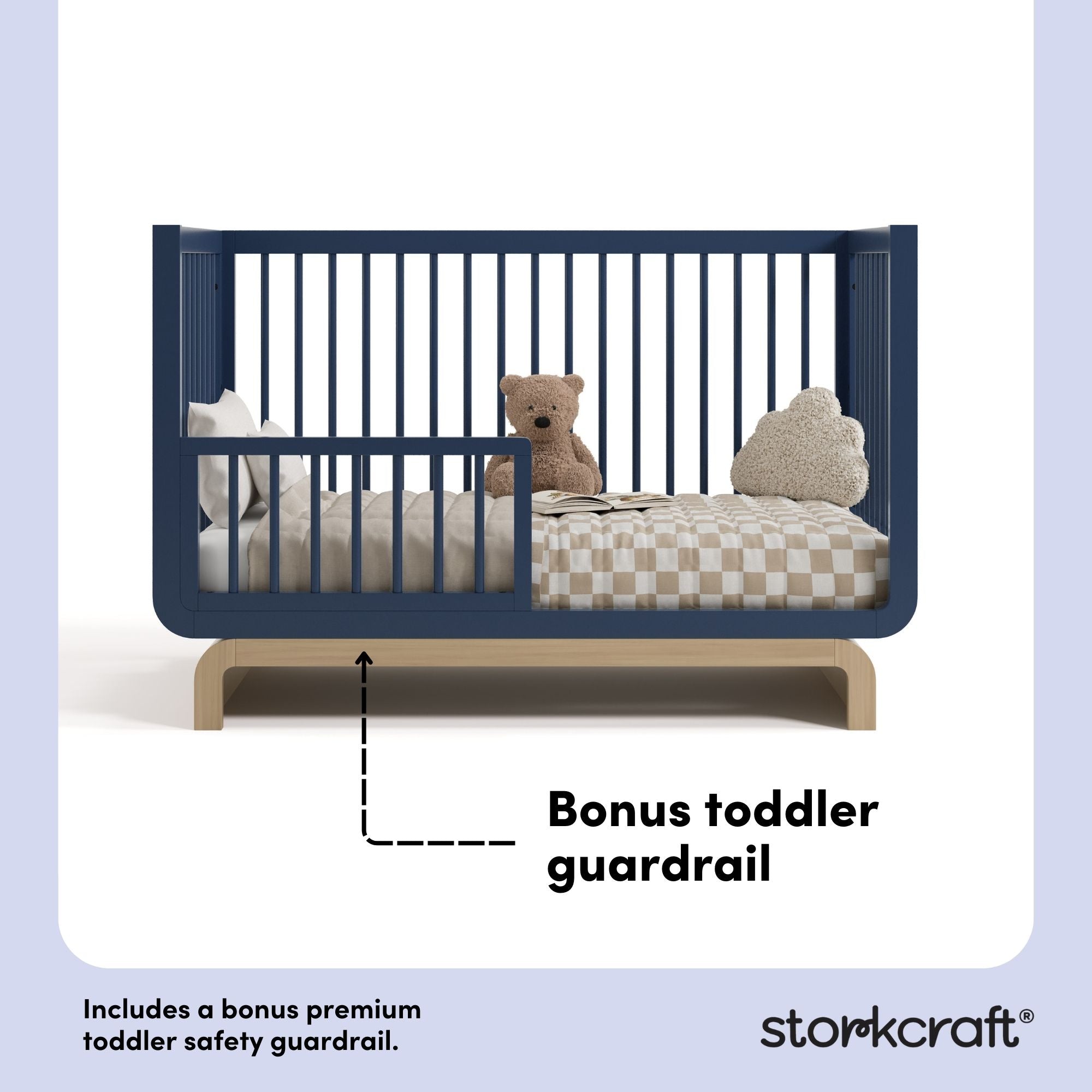 Santorini midnight blue with driftwood crib toddler guardrail callout