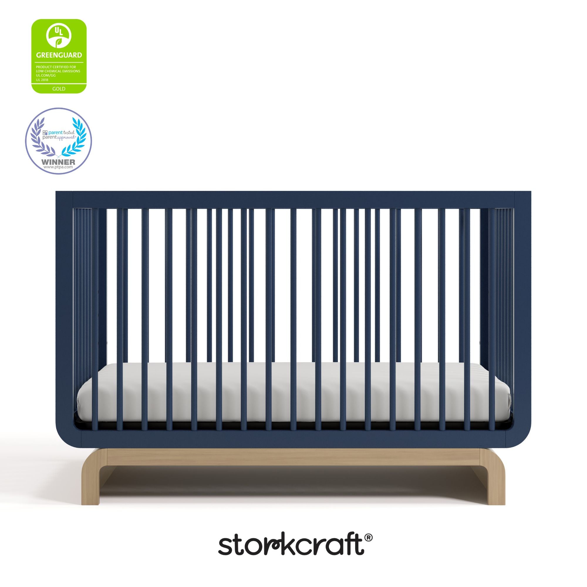 Santorini midnight blue with driftwood crib with GGG and PTPA logos on top left