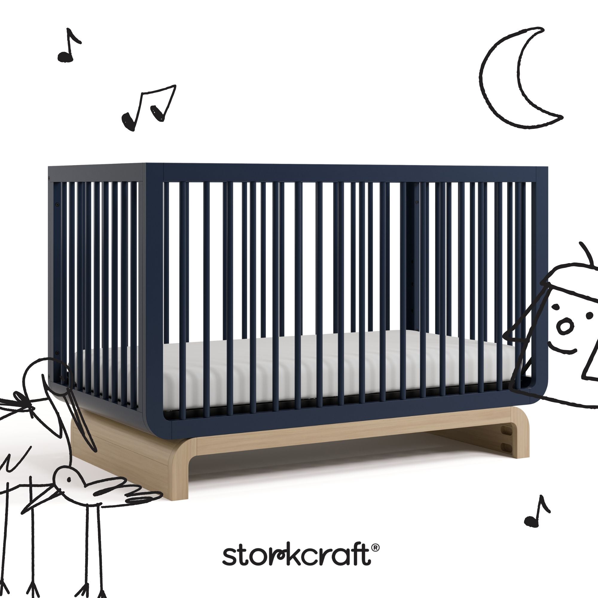 Santorini midnight blue with driftwood crib with black doodles overlaid on image