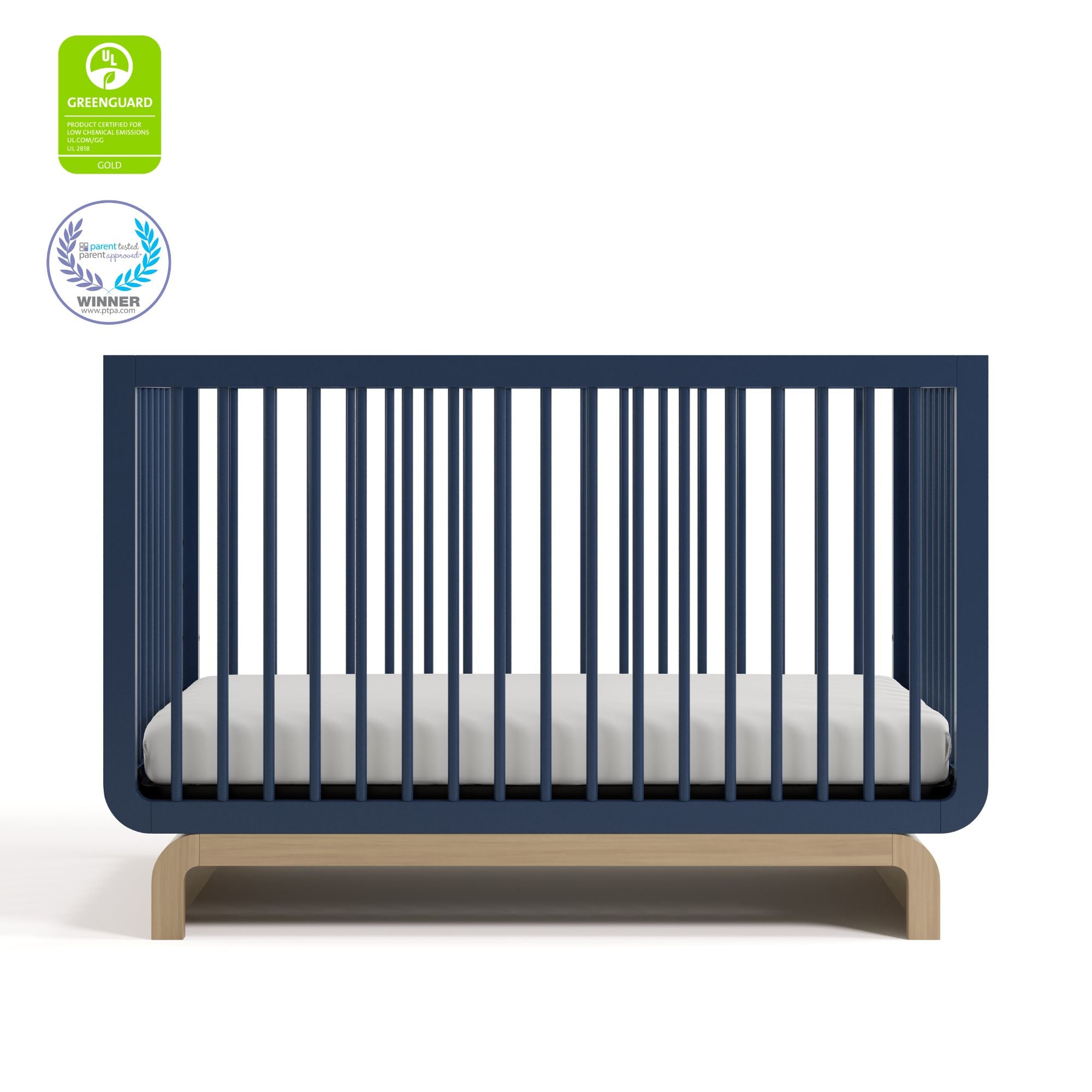 Santorini midnight blue with driftwood crib with GGG and PTPA logos on top left