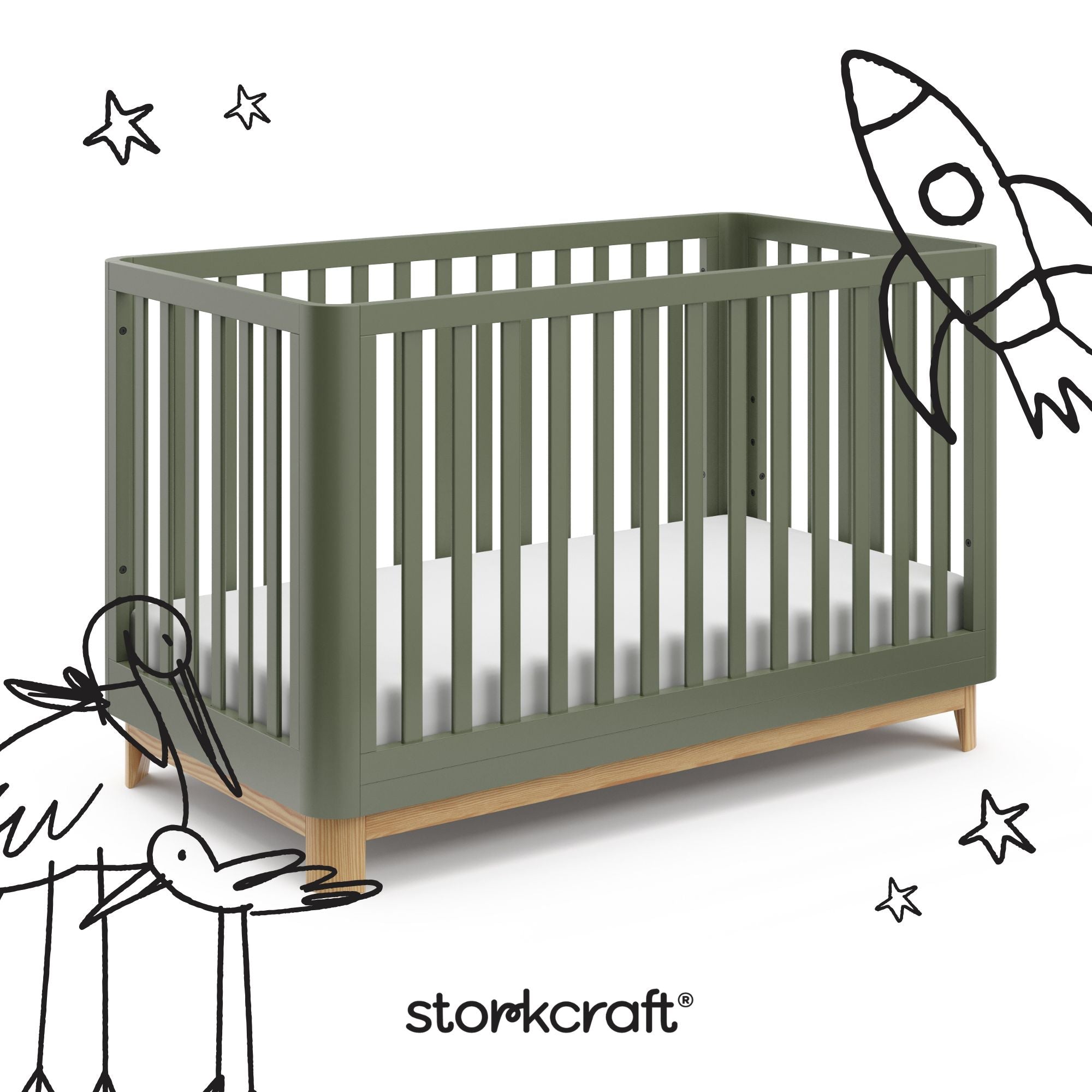 santos olive with natural crib with black cartoon drawings