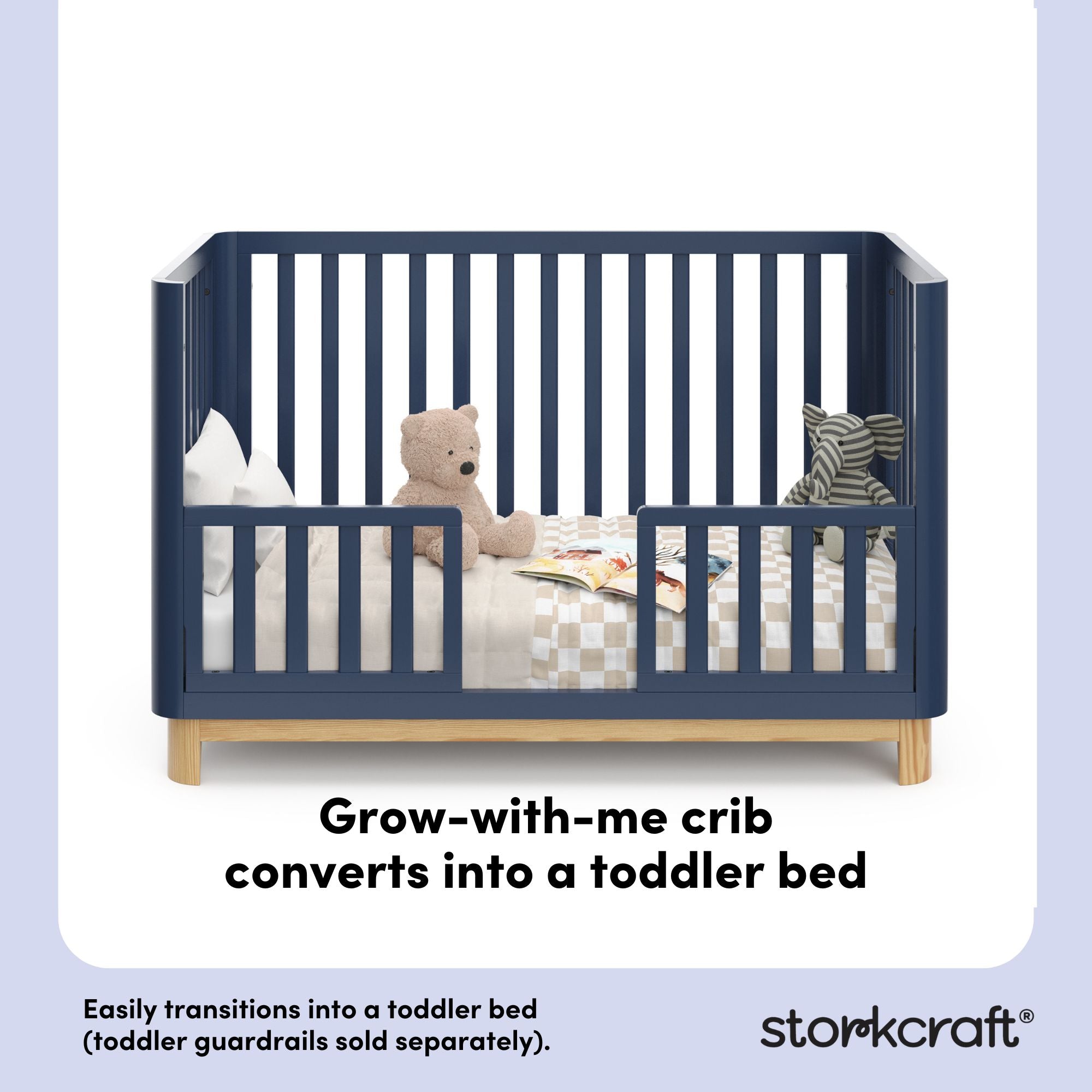 santos midnight blue with natural crib toddler bed callout