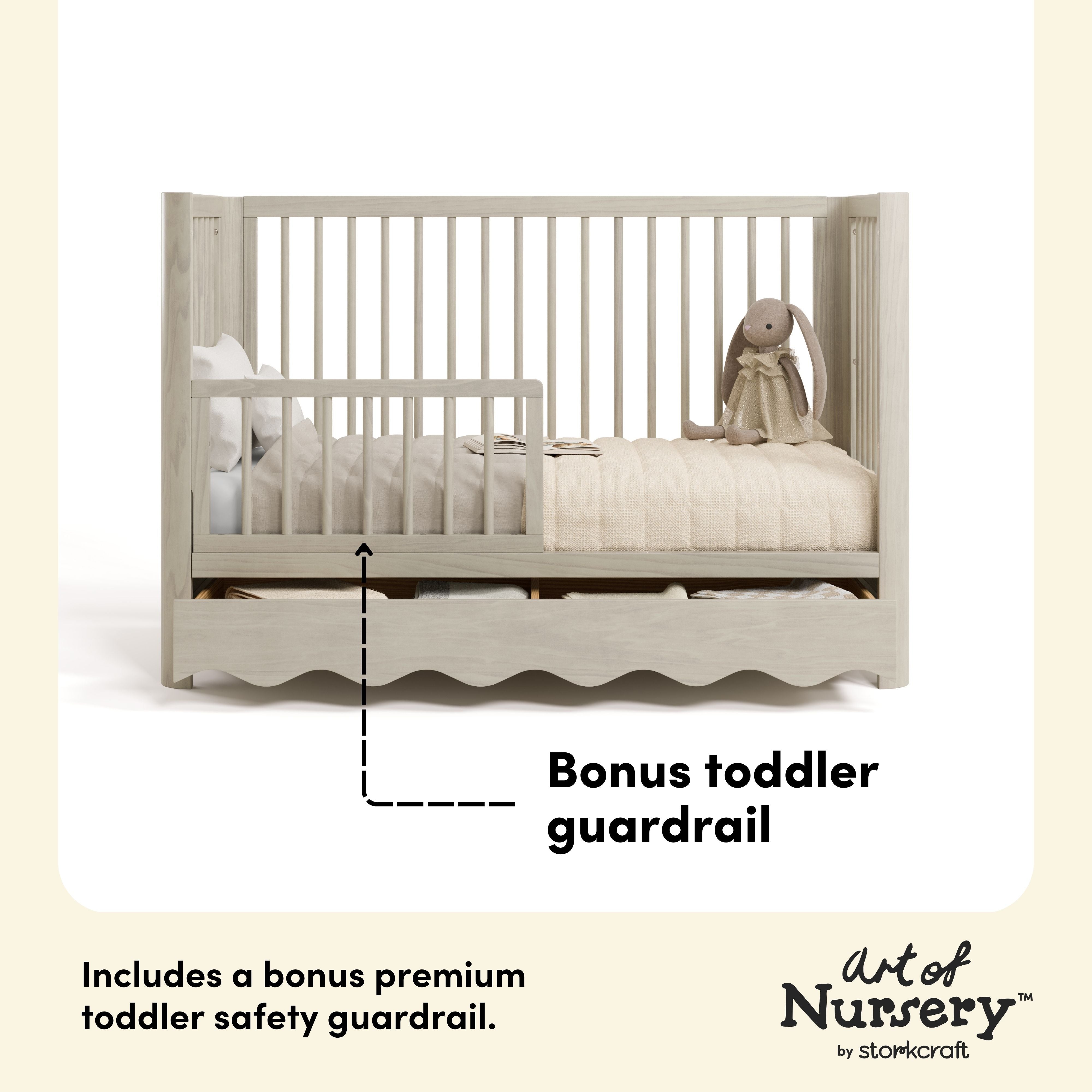 Storkcraft Casablanca 5-in-1 Convertible Crib in London Fog bonus toddler rail callout image