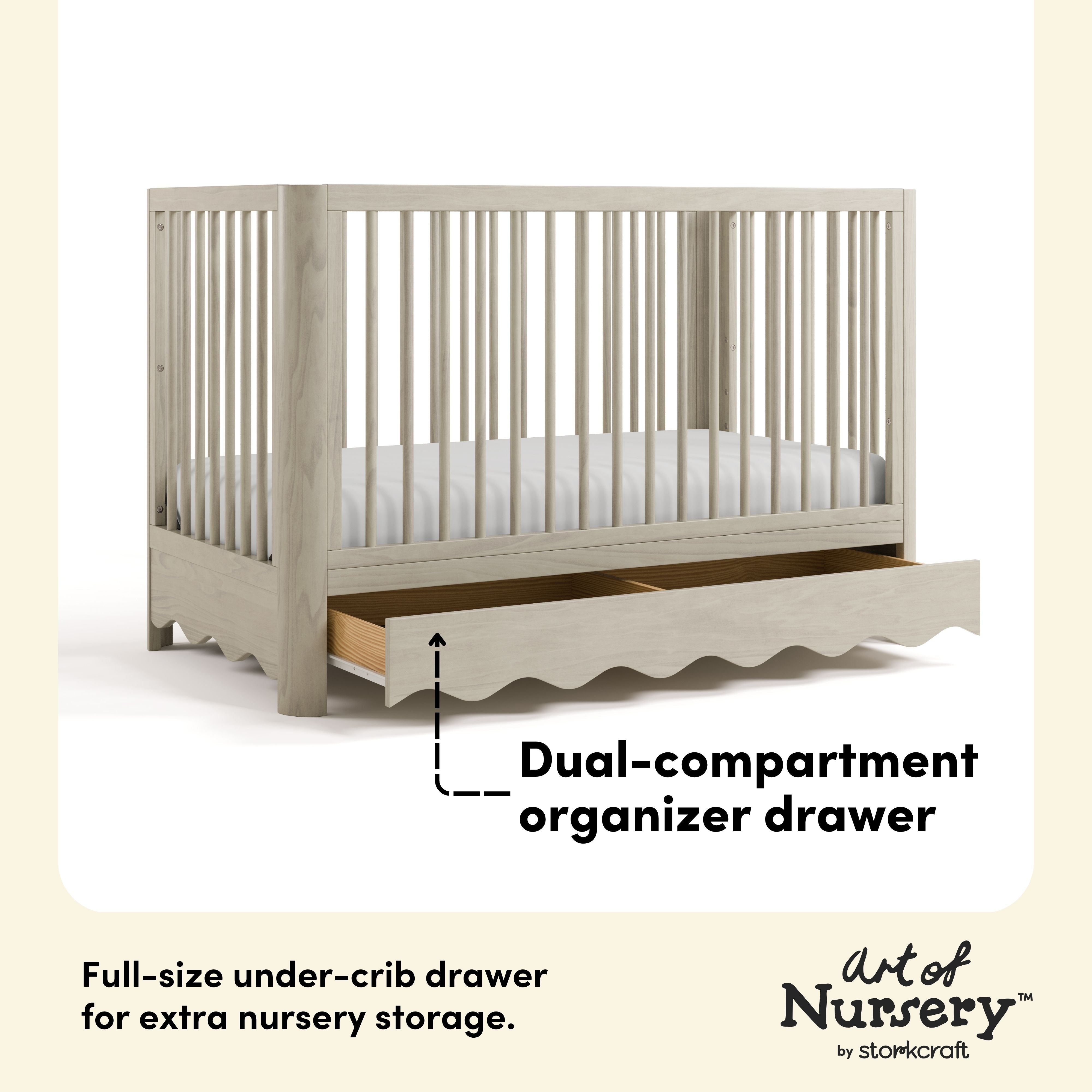 Storkcraft Casablanca 5-in-1 Convertible Crib in London Fog drawer callout image