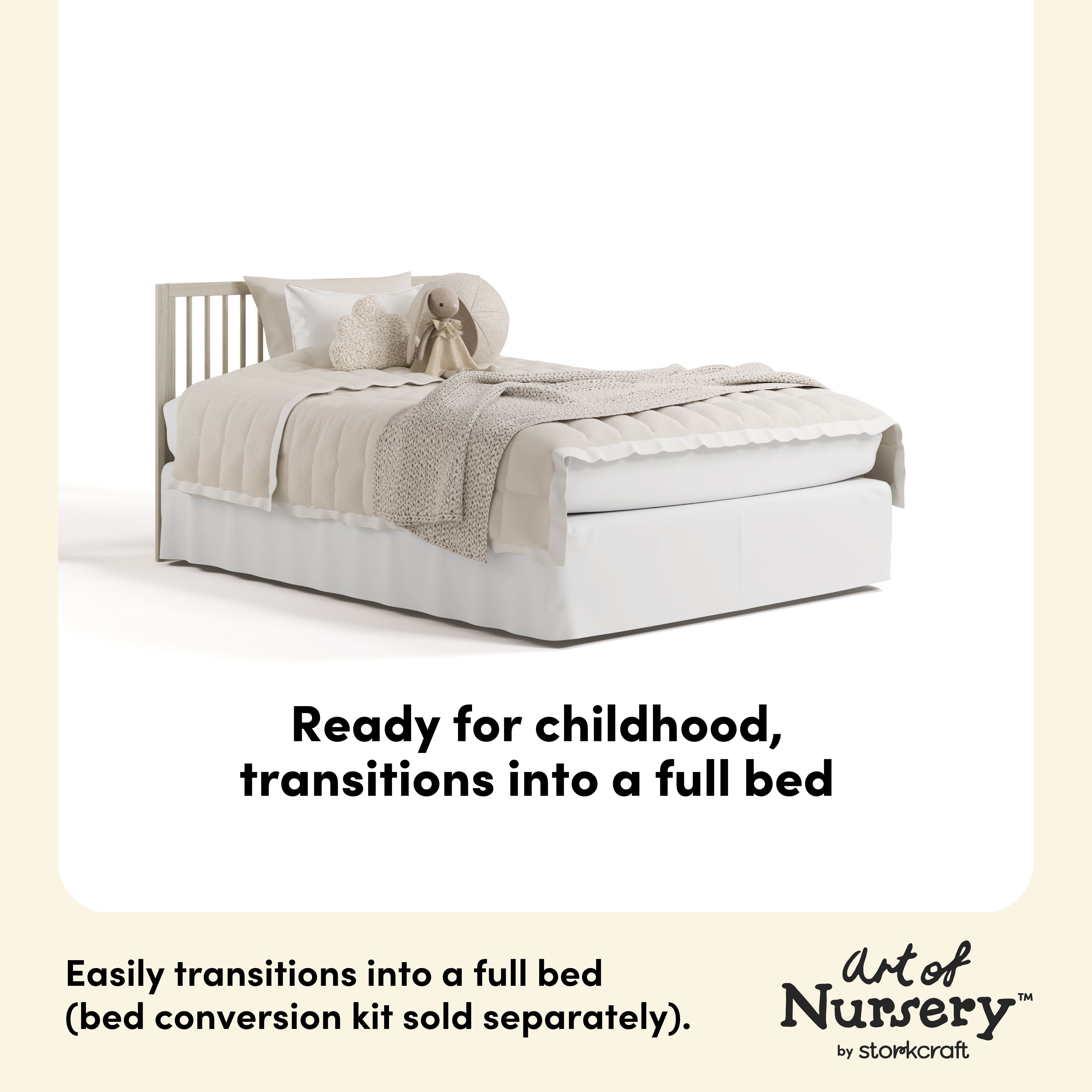 Storkcraft Casablanca 5-in-1 Convertible Crib in London Fog full bed callout image