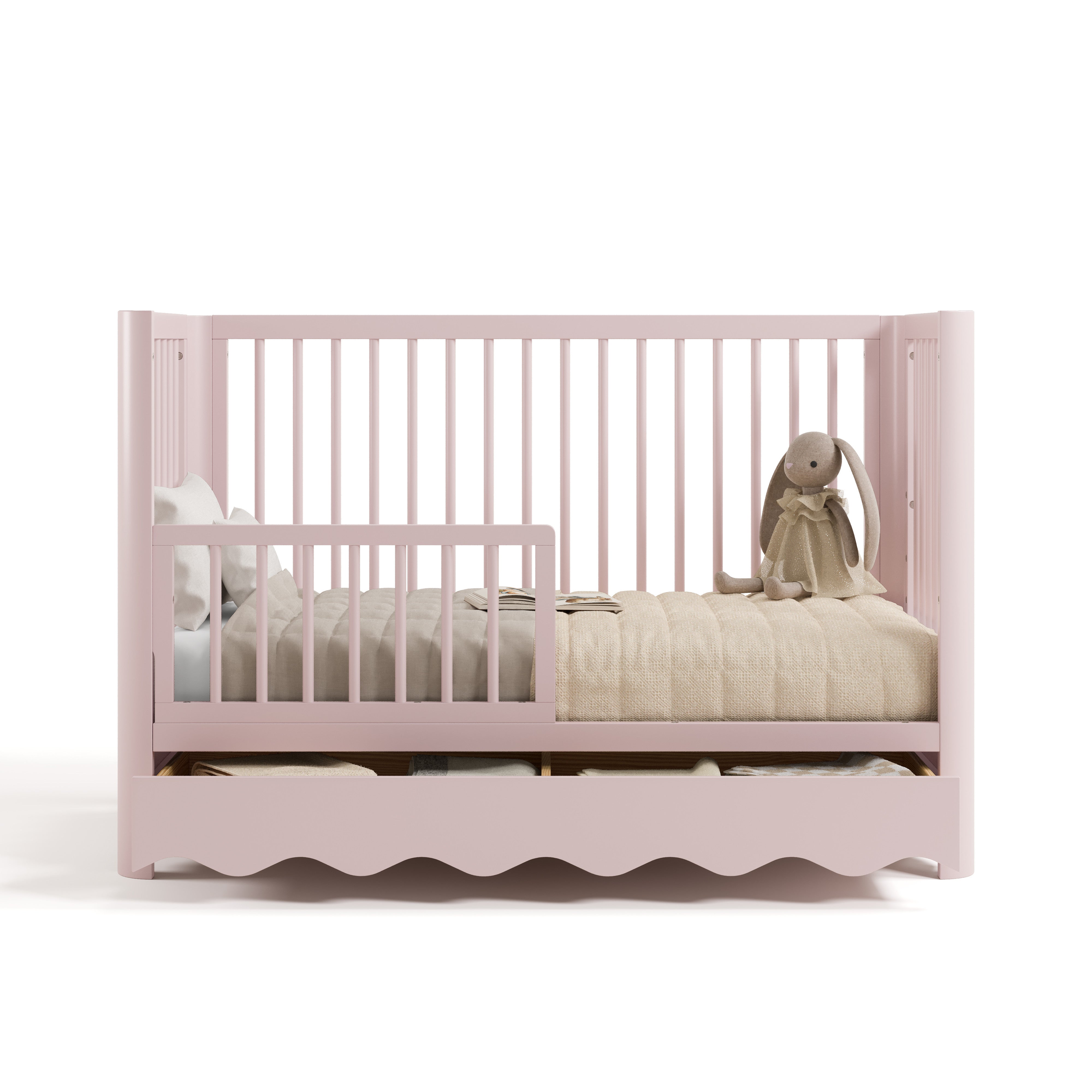 Casablanca blush crib with drawer converted to toddler bed with guardrail attached
