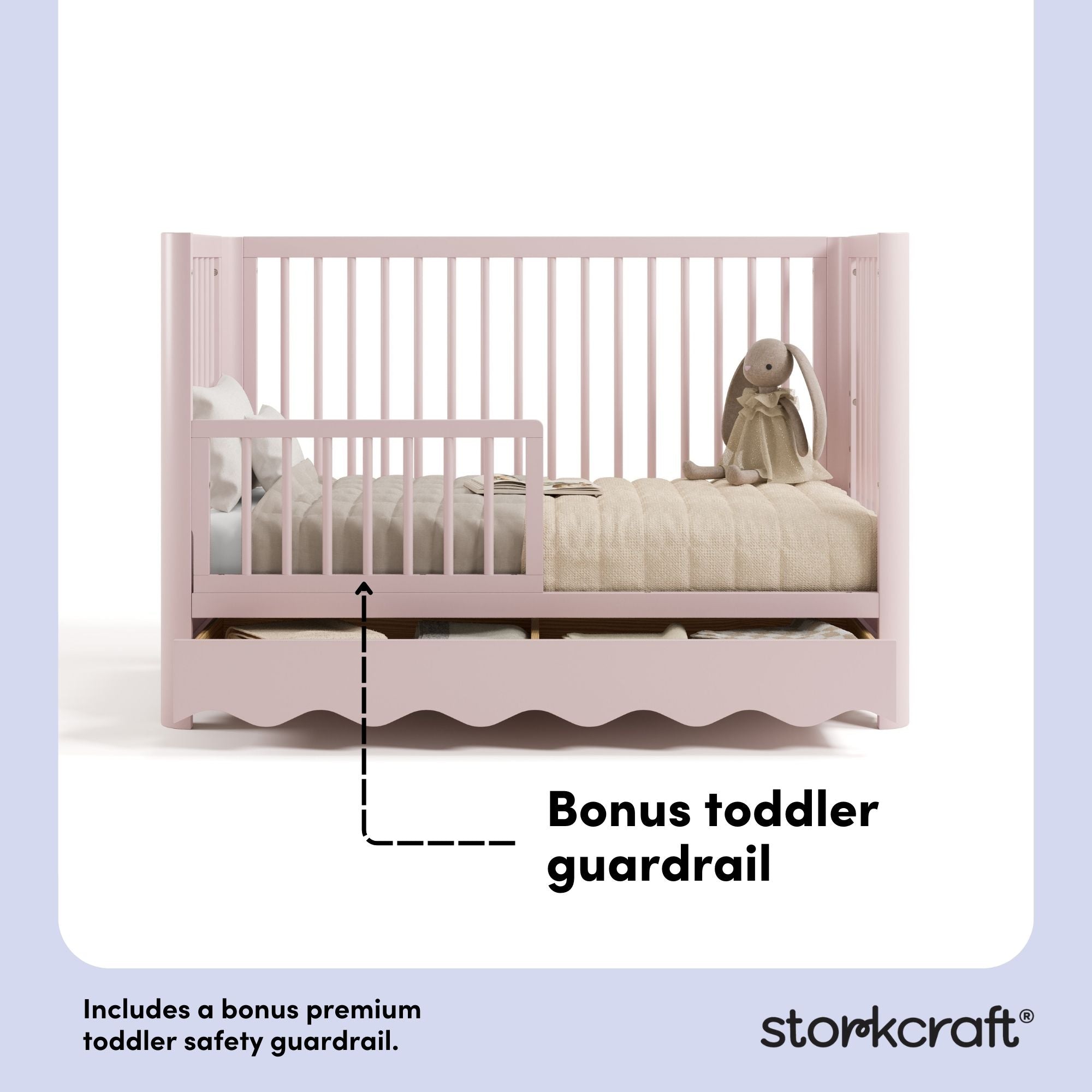Casablanca blush crib with drawer toddler guardrail callout