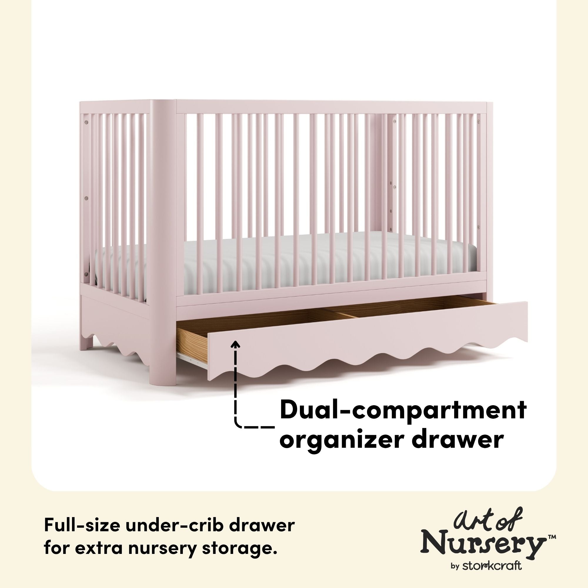 Casablanca blush crib with drawer storage drawer callout