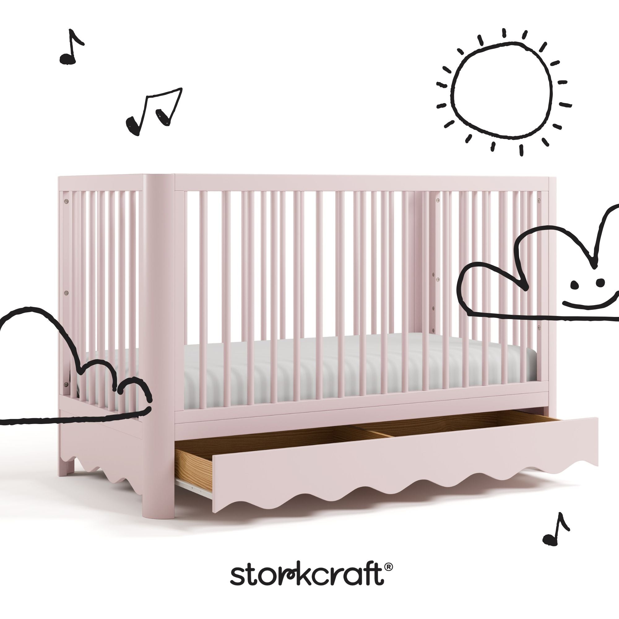 Casablanca blush crib with drawer with black doodles overlaid on image