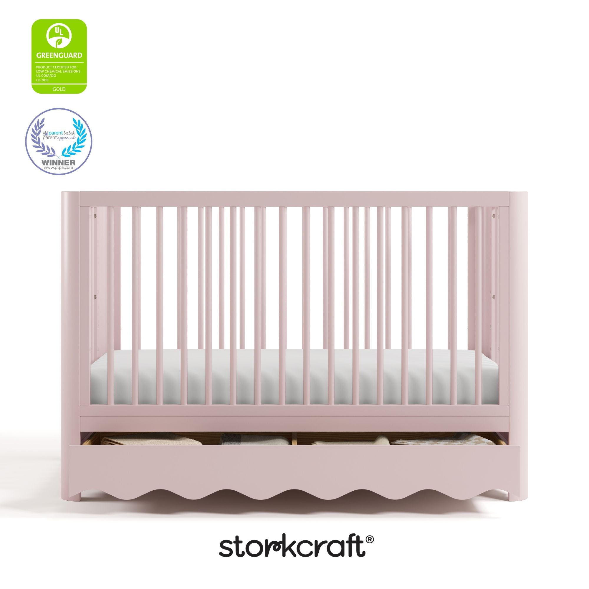 Casablanca blush crib with drawer with GGG and PTPA logos on top left