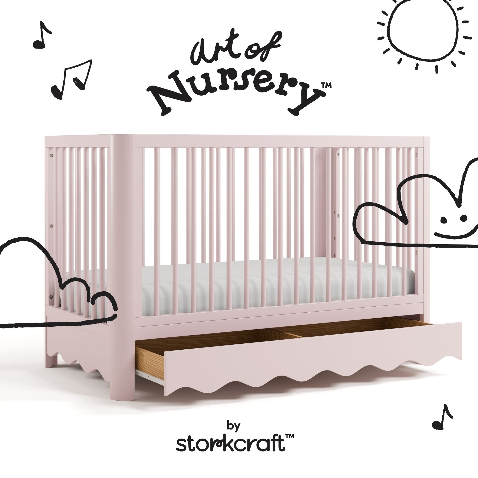 Casablanca blush crib with drawer with black doodles overlaid on image